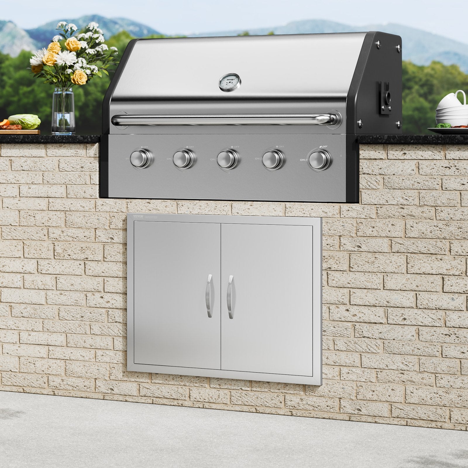 VEVOR BBQ Access Door, 787x609 mm Double Outdoor Kitchen Door, Stainless Steel Flush Mount Door, Double Wall Vertical Door with Handles and Hooks, for BBQ Island, Grilling Station, Outside Cabinet