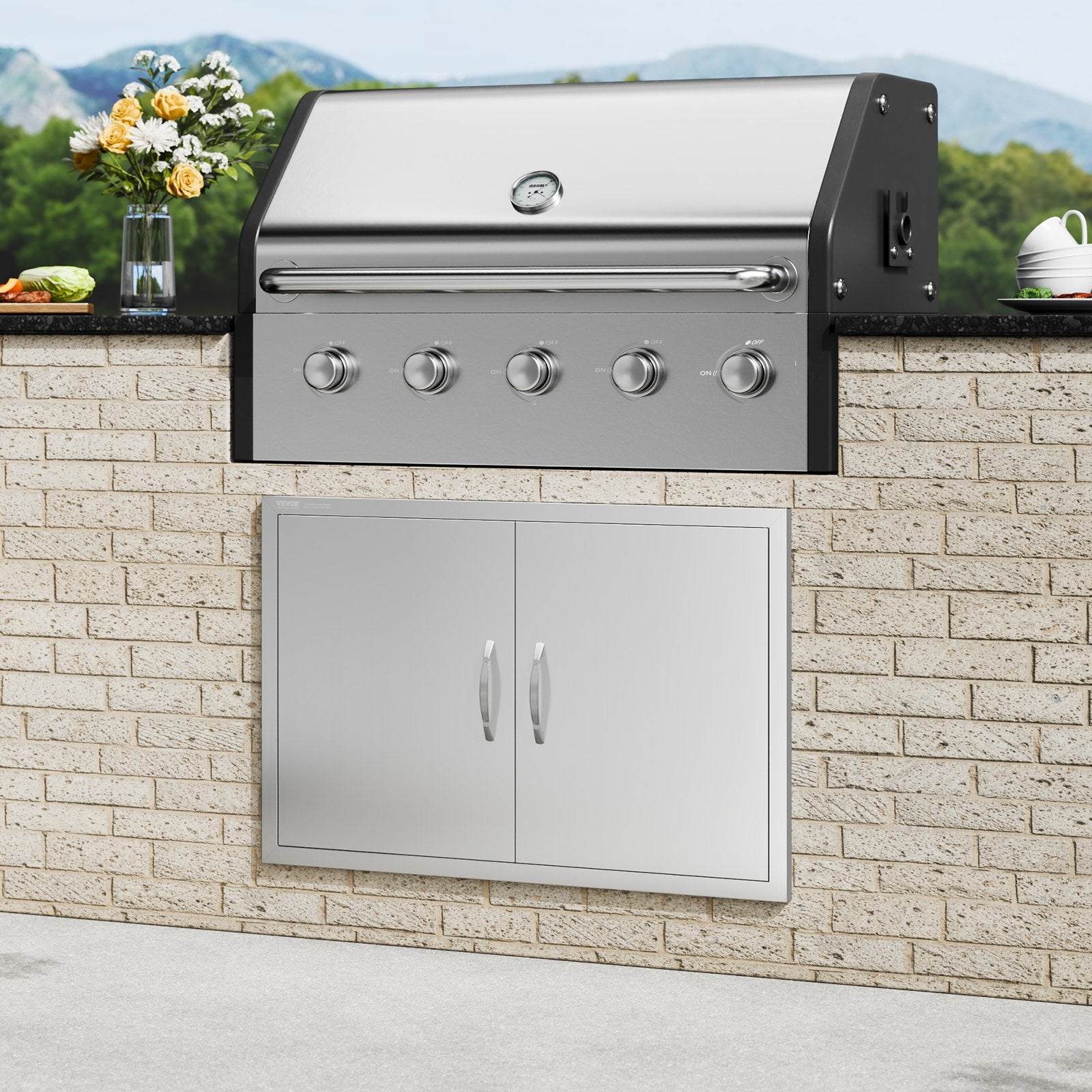 VEVOR BBQ Access Door, 889x610 mm Double Outdoor Kitchen Door, Stainless Steel Flush Mount Door, Wall Vertical Door with Handles, for BBQ Island, Grilling Station, Outside Cabinet