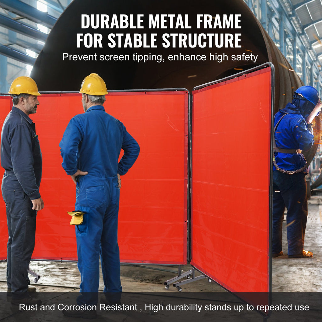 VEVOR Welding Screen with Frame, 6' x 6' 3 Panel Welding Curtain Screens, Flame-Resistant Vinyl Welding Protection Screen on 12 Swivel Wheels (6 Lockable), Moveable & Professional for Workshop, Red