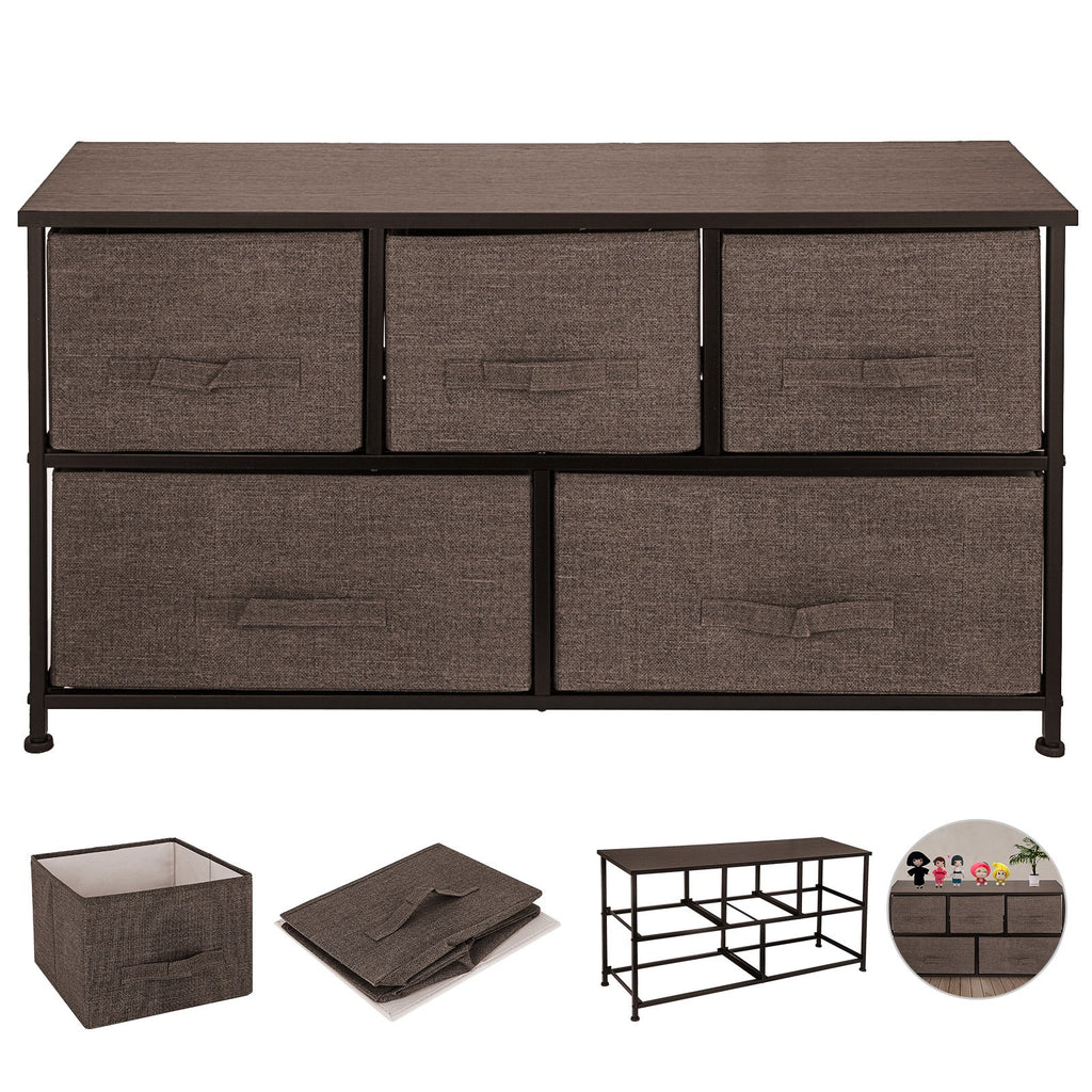 VEVOR Dresser Storage Tower with 5 Fabric Drawer Steel Frame Storage Cabinet Bin Storage Organizer Unit Fabric Cube Dresser Chest Cabinet Coffee Wide (Coffee/Wide)