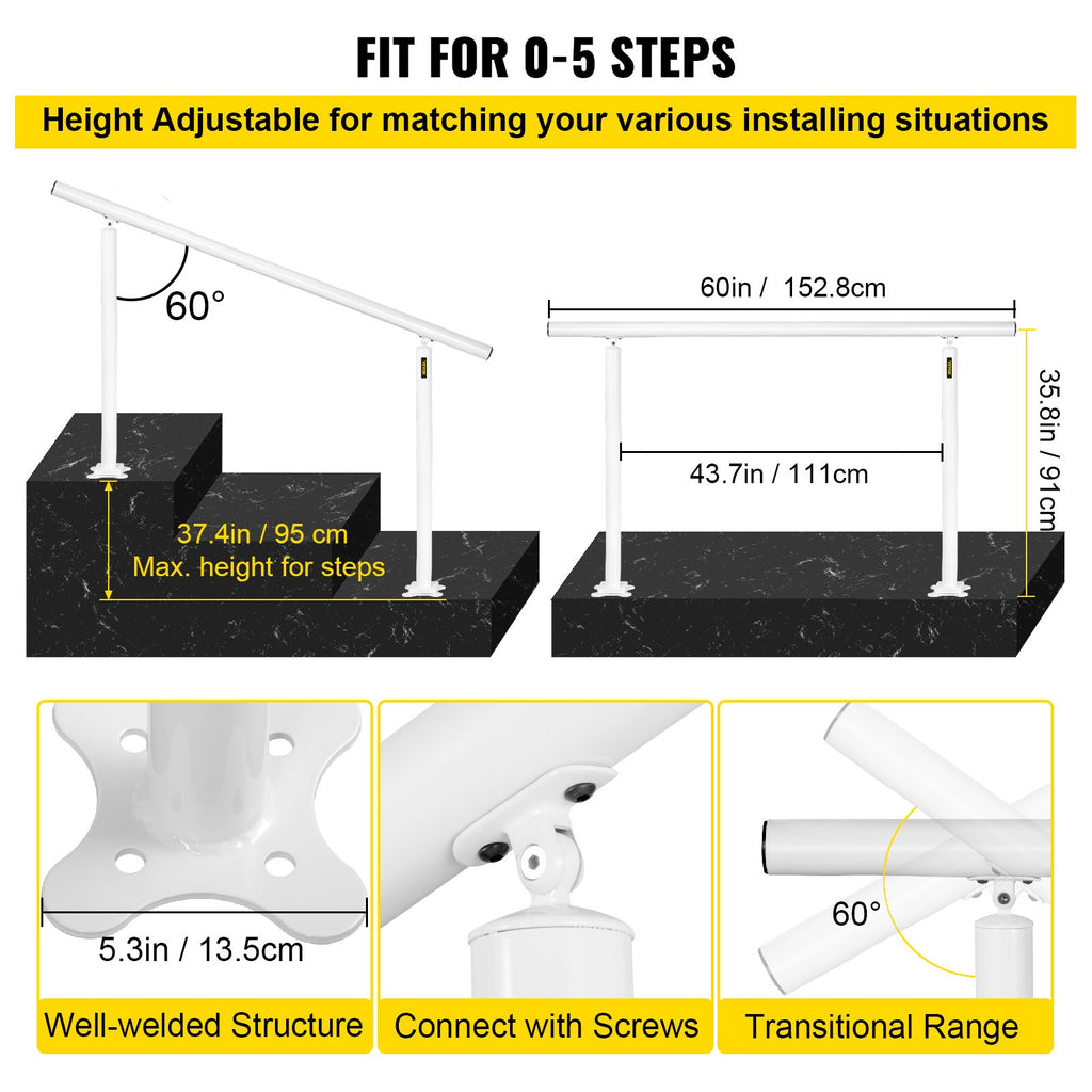 VEVOR Outdoor Stair Railing Kit, 5 FT Handrails 0-5 Steps, Adjustable Angle White Aluminum Stair Hand Rail for The Elderly, Handrails for Outdoor Steps