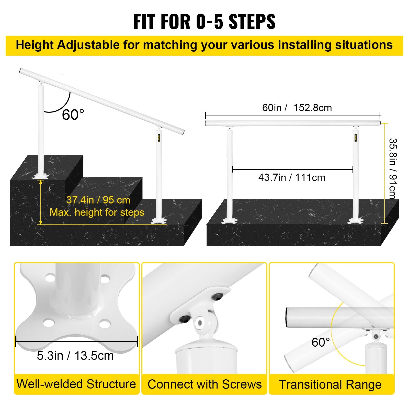 VEVOR Outdoor Stair Railing Kit, 5 FT Handrails 0-5 Steps, Adjustable Angle White Aluminum Stair Hand Rail for The Elderly, Handrails for Outdoor Steps