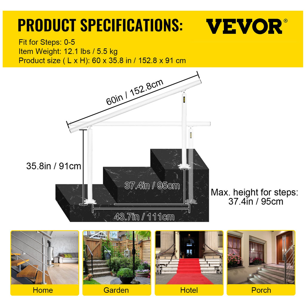 VEVOR Outdoor Stair Railing Kit, 5 FT Handrails 0-5 Steps, Adjustable Angle White Aluminum Stair Hand Rail for The Elderly, Handrails for Outdoor Steps