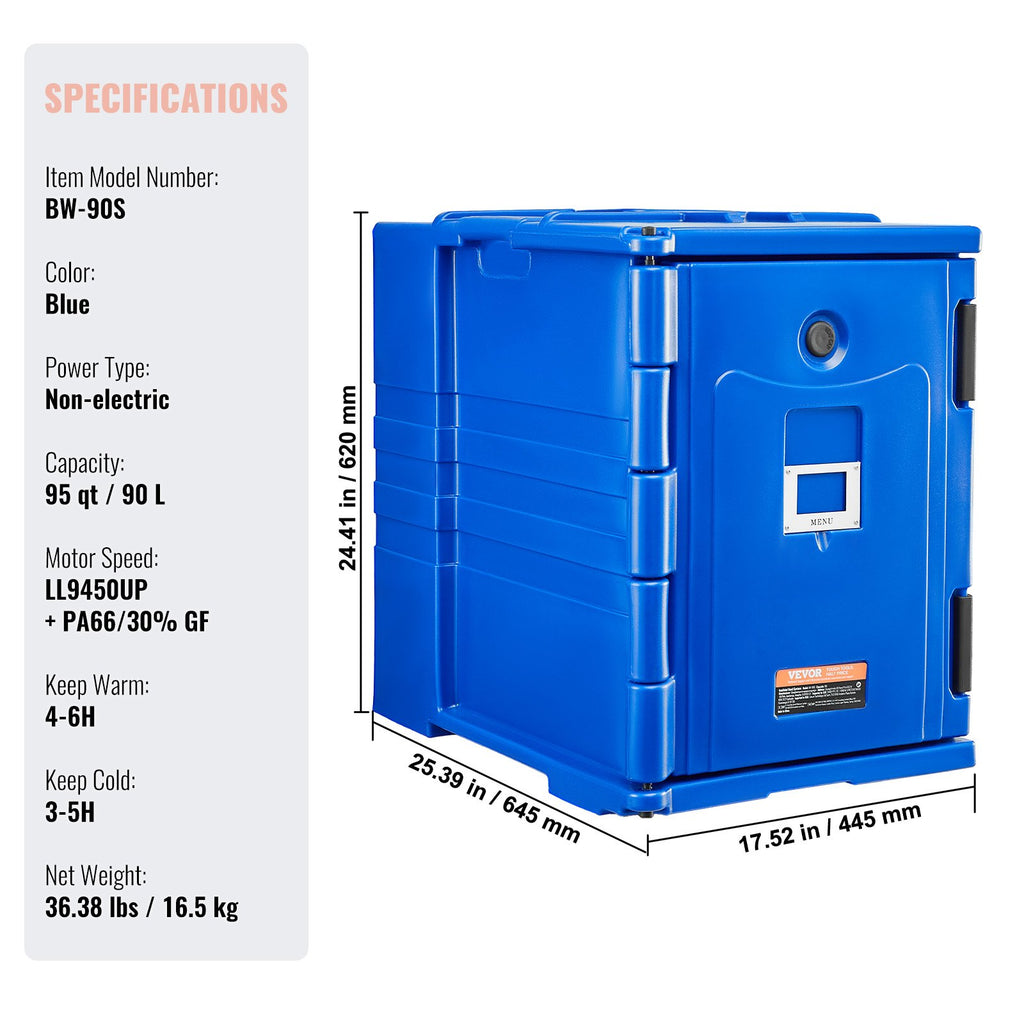 VEVOR Insulated Food Pan Carrier, 90L Hot Box for Catering, Food Box Carrier with Double Buckles, Front Loading Food Warmer with Handles, Stackable End Loader for Restaurant, Canteen