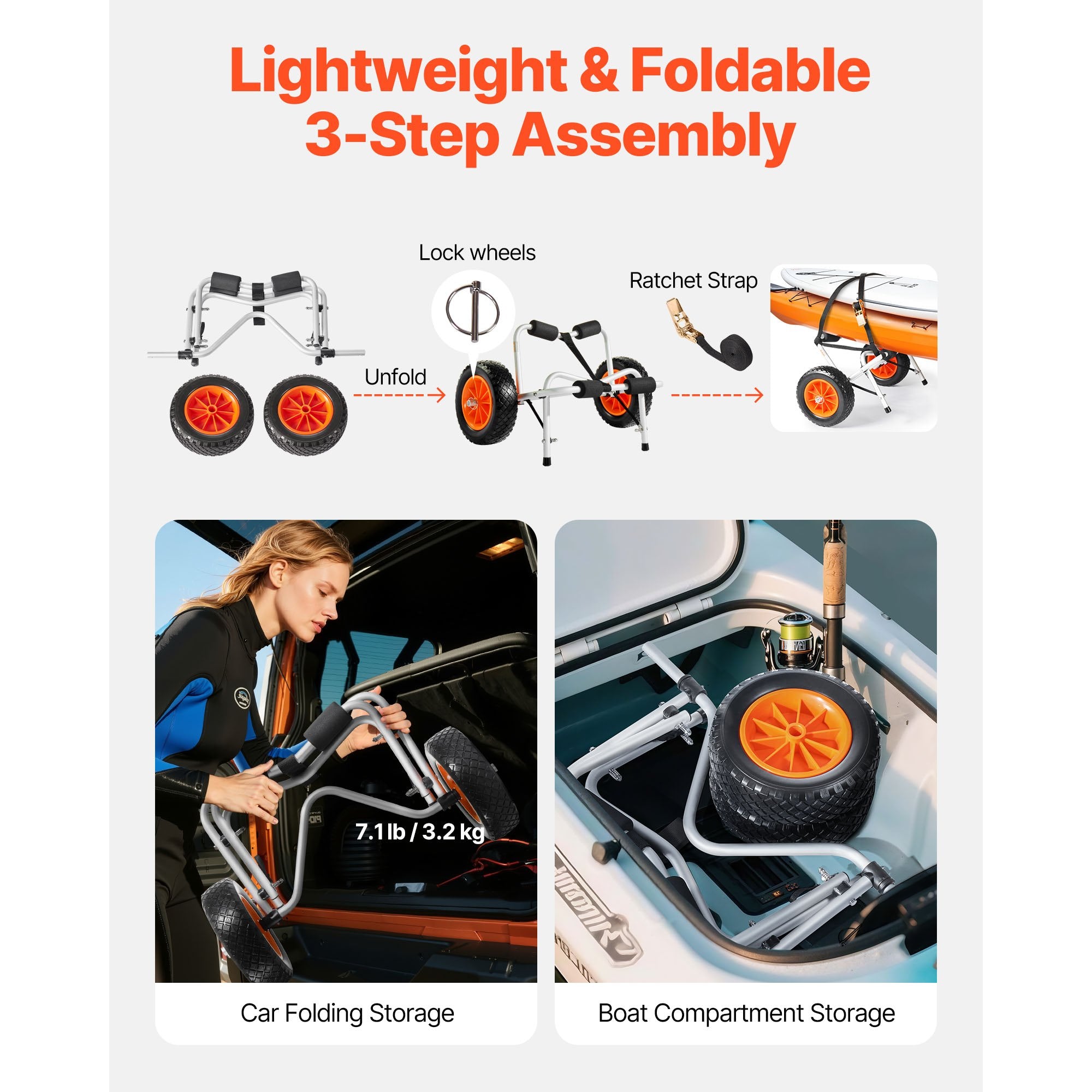 VEVOR Kayak Cart, 113.4 kg Load Capacity, Foldable Kayak Trolley with 25.4 cm Solid Rubber Tires & 1 Ratchet Strap, Paddle Board Trolley for Carrying Kayaks, Canoes, Paddleboards, Float Mats,Jon Boats