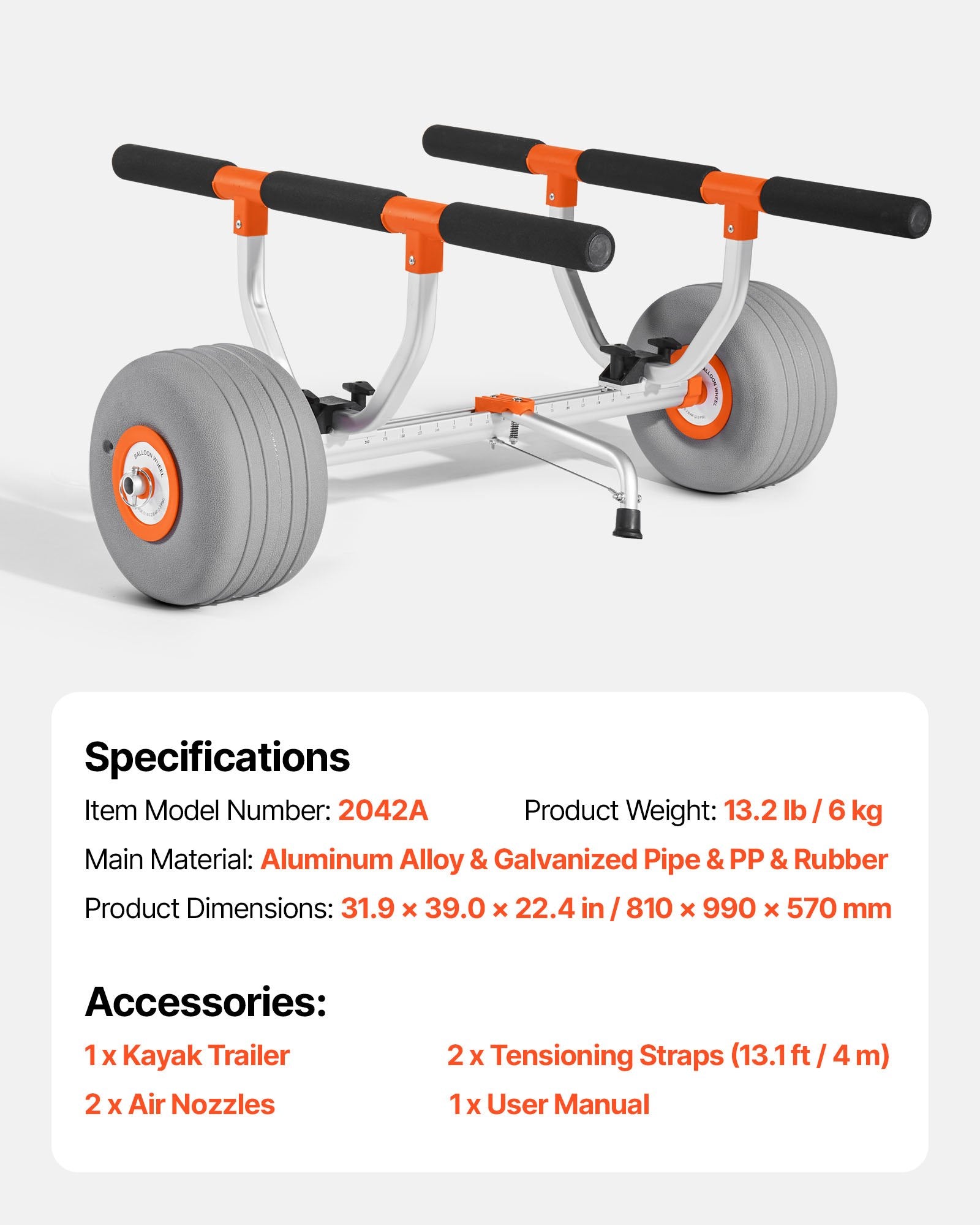 VEVOR Kayak Cart, 158.8 kg Load Capacity, Kayak Trolley with 30.5 cm Inflatable PU Tires & 2 Straps, Assembles & Disassembles Within Seconds, Paddle Board Trolley for Carrying Kayaks and Canoes