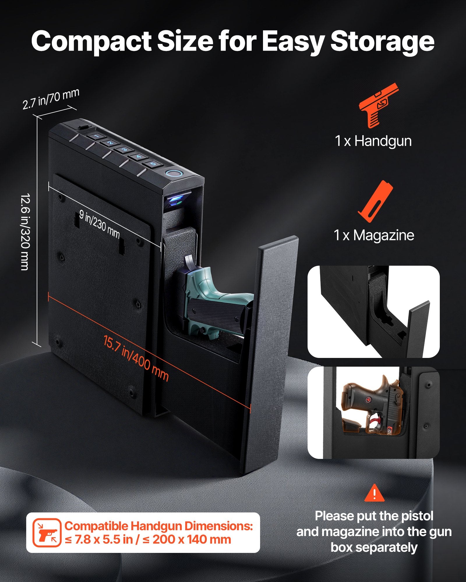 VEVOR Gun Safe, Slider Handgun Gun Safe with Fingerprint/Password/Key, 3-Way Quick Access Firearm Case Box with Lighting for 1 Pistol & Magazine, Mounted Pistol Gun Box for Nightstand Bedside Desk Car