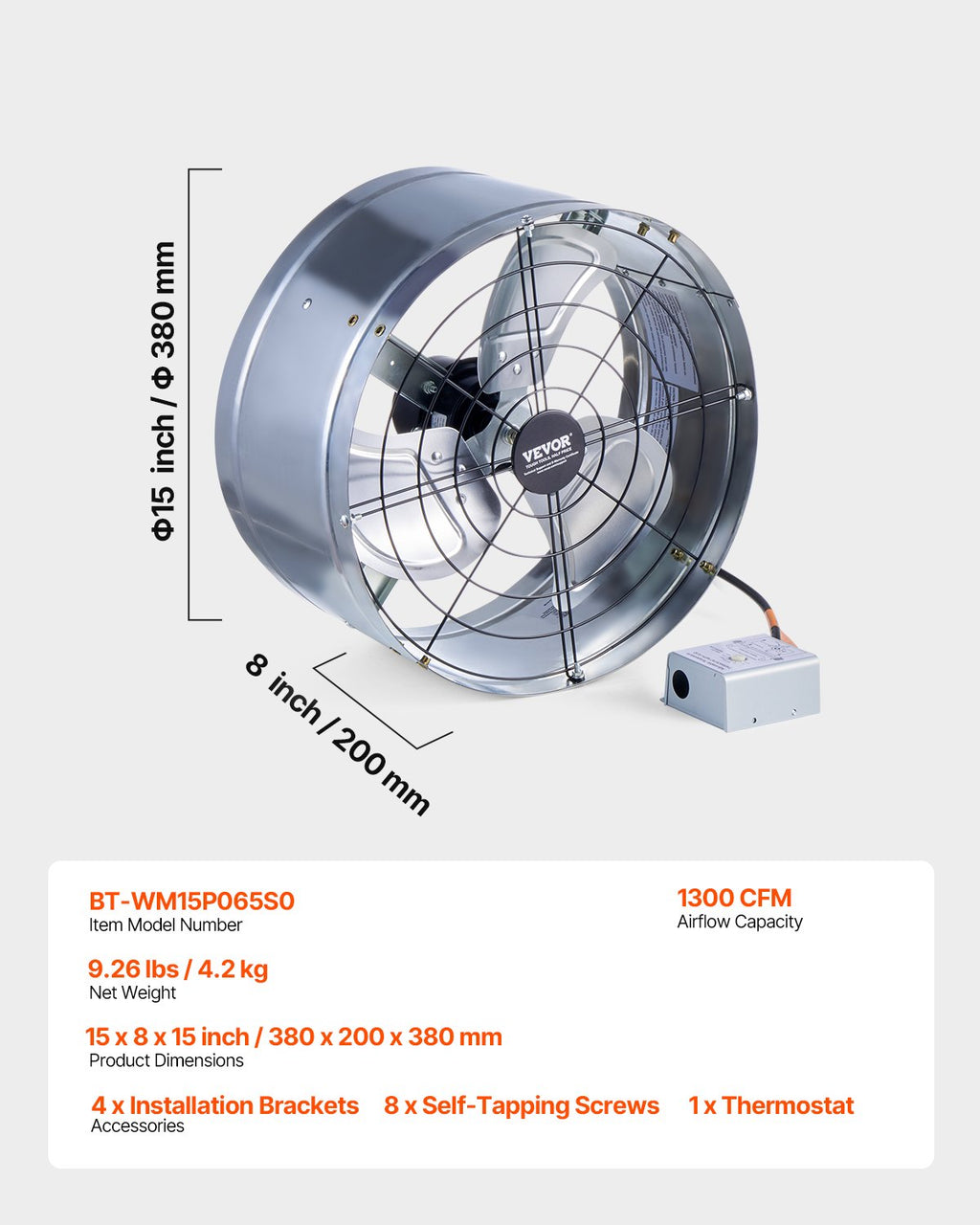 VEVOR 380 mm Gable Mount Fan 1300 CFM Attic Vent Fan with Adjustable Thermostat