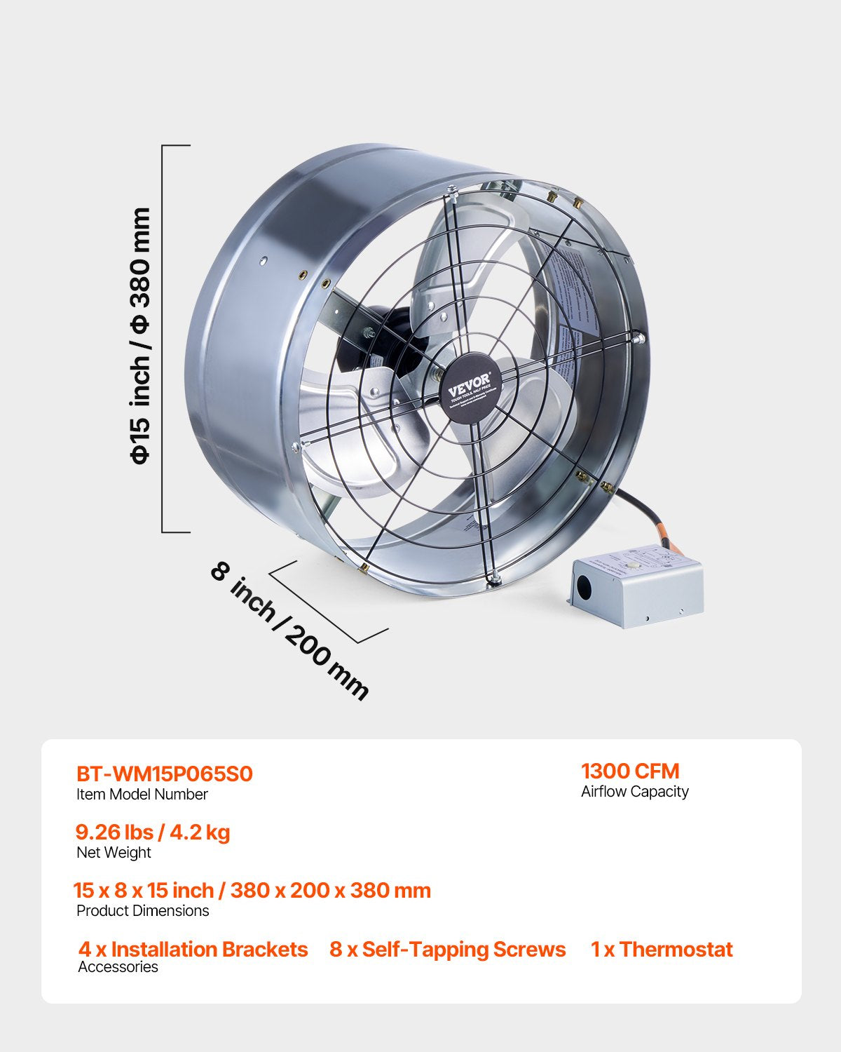 VEVOR 380 mm Gable Mount Fan 1300 CFM Attic Vent Fan with Adjustable Thermostat