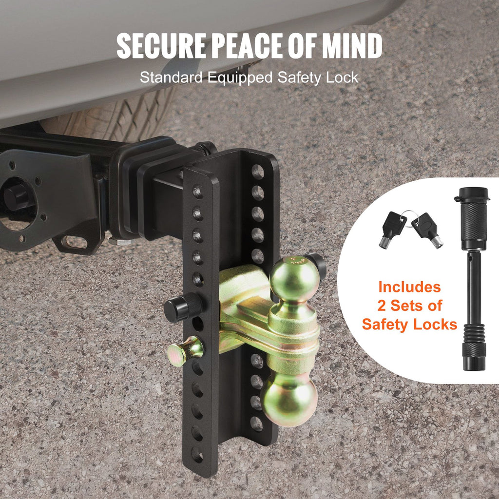 VEVOR Adjustable Trailer Hitch, 25 cm Drop & 21.59 cm Rise Hitch Ball Mount with 6.35 cm Receiver Solid Tube, 6577 kgs GTW, 5.08 cm & 5.08-0.79 cm 45# Steel Tow Balls with Key Lock for Truck Towing
