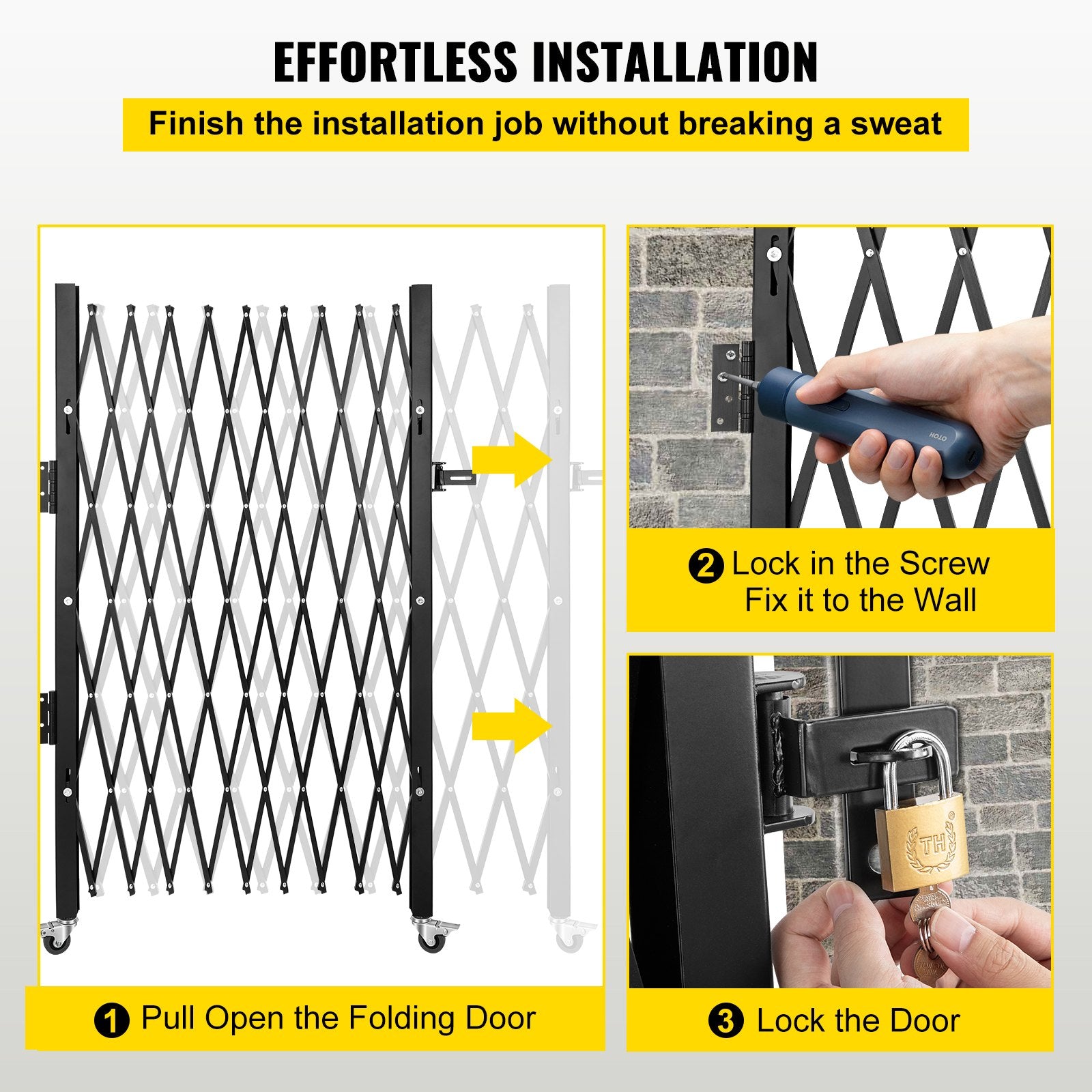 VEVOR Single Folding Security Gate, 85" H x 95" W Folding Door Gate, Steel Accordion Security Gate, Flexible Expanding Security Gate, Rolling Barricade Gate, Scissor Gate/Door with Padlock