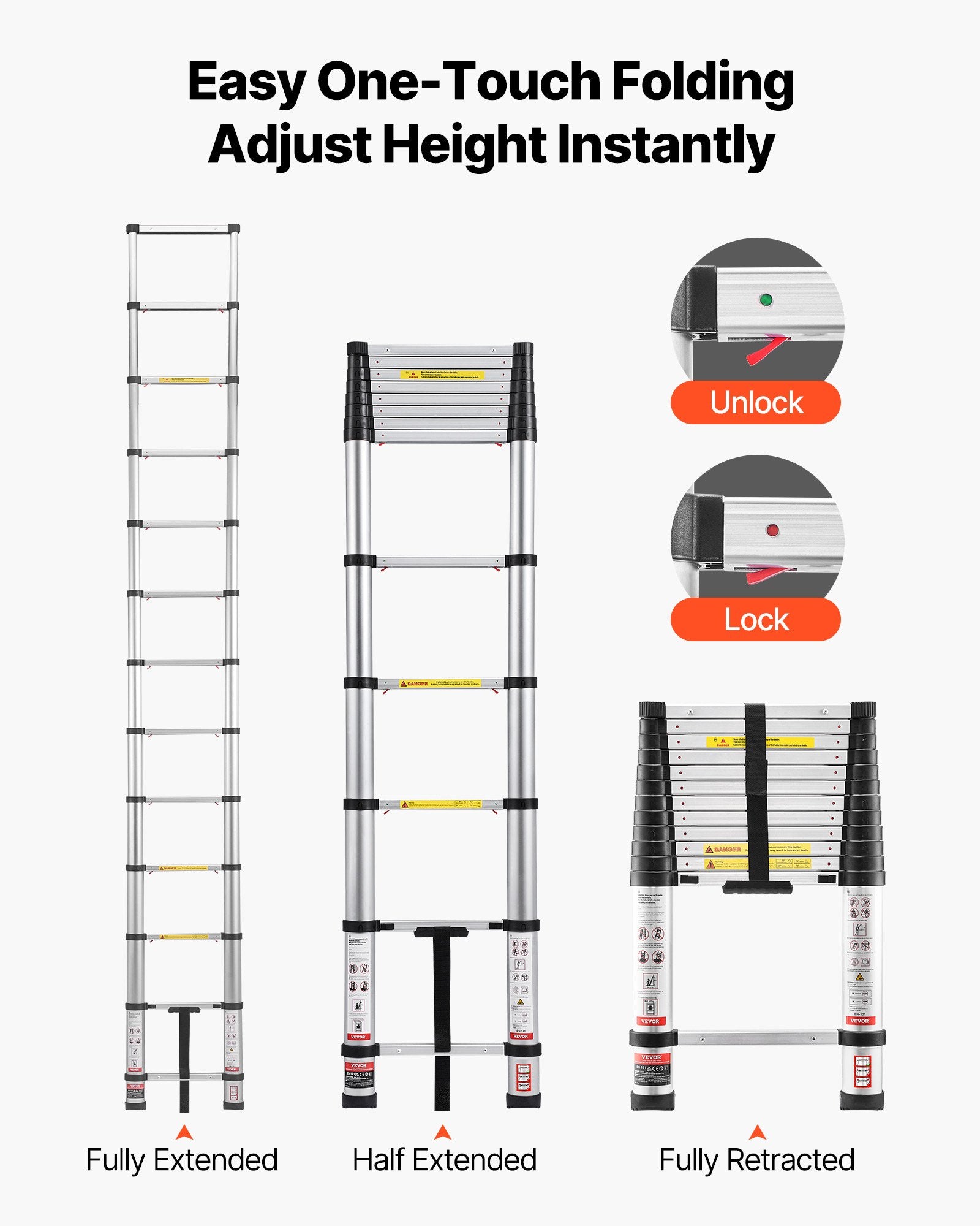 VEVOR 3.8m Telescoping Ladder, Aluminum Lightweight Multi-Purpose Collapsible Extension, One-Touch Retraction Ladder, Heavy Duty 150kg Max Capacity with Non-Slip Feet, for Home, Outdoor Work, Loft