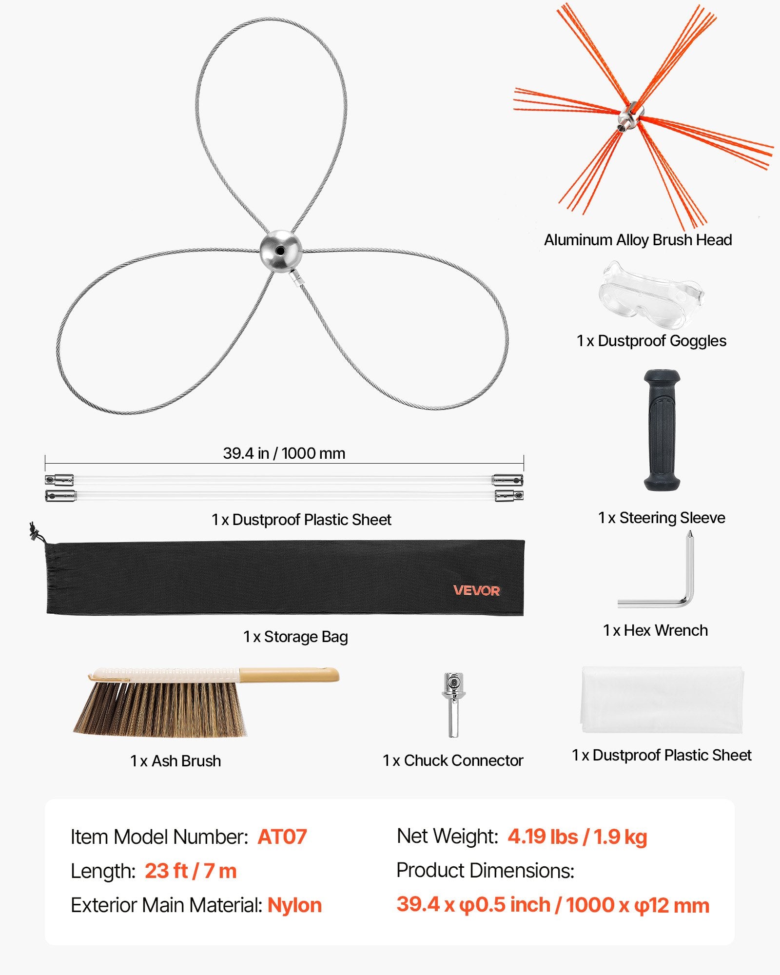 VEVOR Chimney Sweep Kit, 7m Maximum Extendable Length Chimney Brush, Chimney Cleaner Sweeper with Dual Brush Heads, Brush & Goggles, Fireplace Cleaning Tool for Square, Rectangle, Arch Chimneys