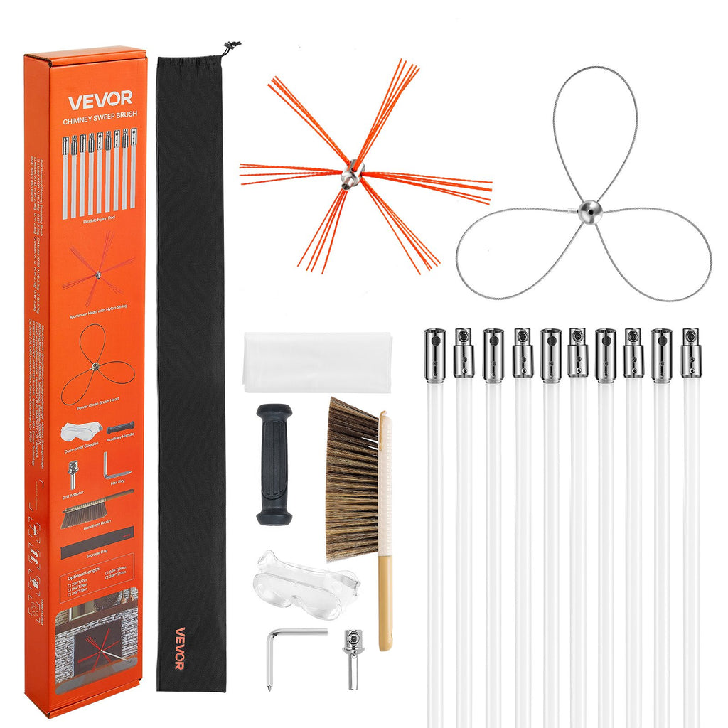 VEVOR Chimney Sweep Kit, 10m Maximum Extendable Length Chimney Brush, Chimney Cleaner Sweeper with Dual Brush Heads, Brush & Goggles, Fireplace Cleaning Tool for Square, Rectangle, Arch Chimneys
