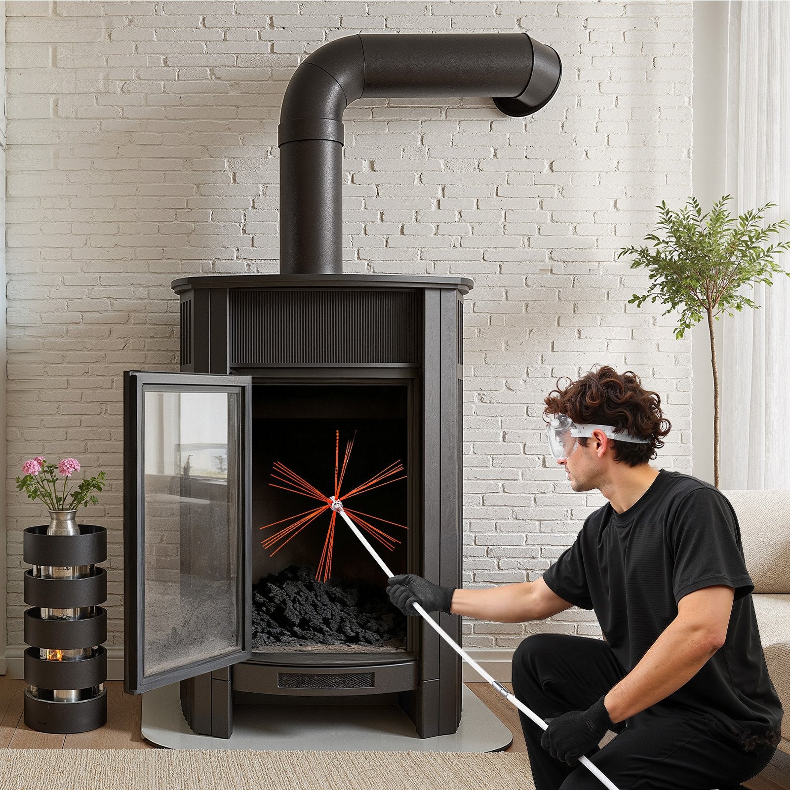 VEVOR Chimney Sweep Kit, 12m Maximum Extendable Length Chimney Brush, Chimney Cleaner Sweeper with Dual Brush Heads, Brush & Goggles, Fireplace Cleaning Tool for Square, Rectangle, Arch Chimneys