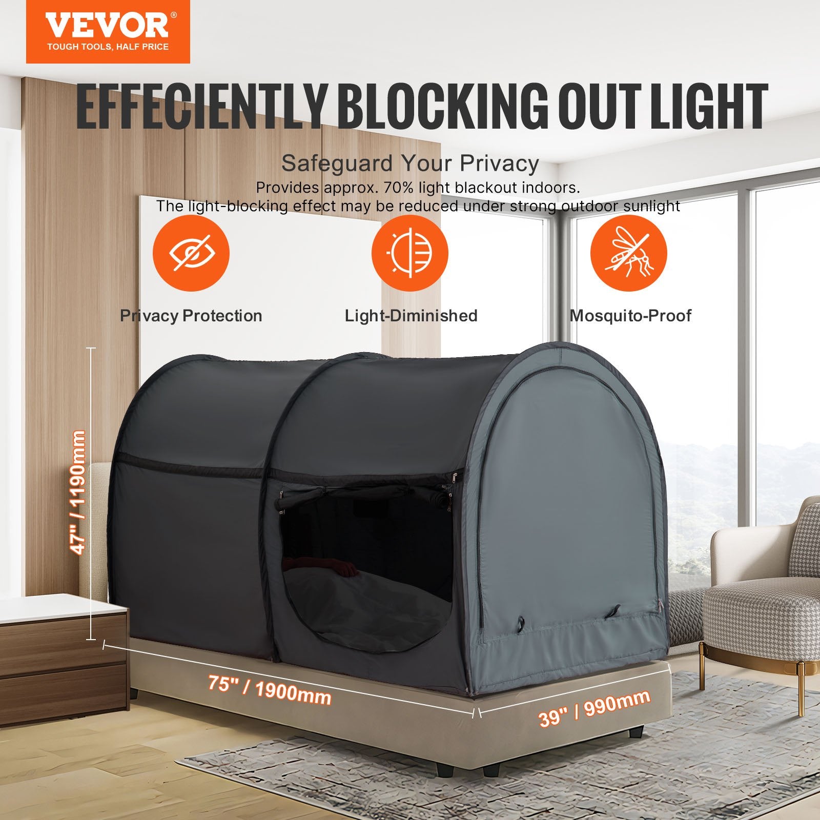 VEVOR Bed Tent, Pongee Fabric, 4 Doors Breathable Dream Tent with 7 mm Fiber Poles on Bed Privacy, Full Size Block out Light Sleeping Bed Canopy, Fit for Kids Playhouse and Adults Sleeping Tent