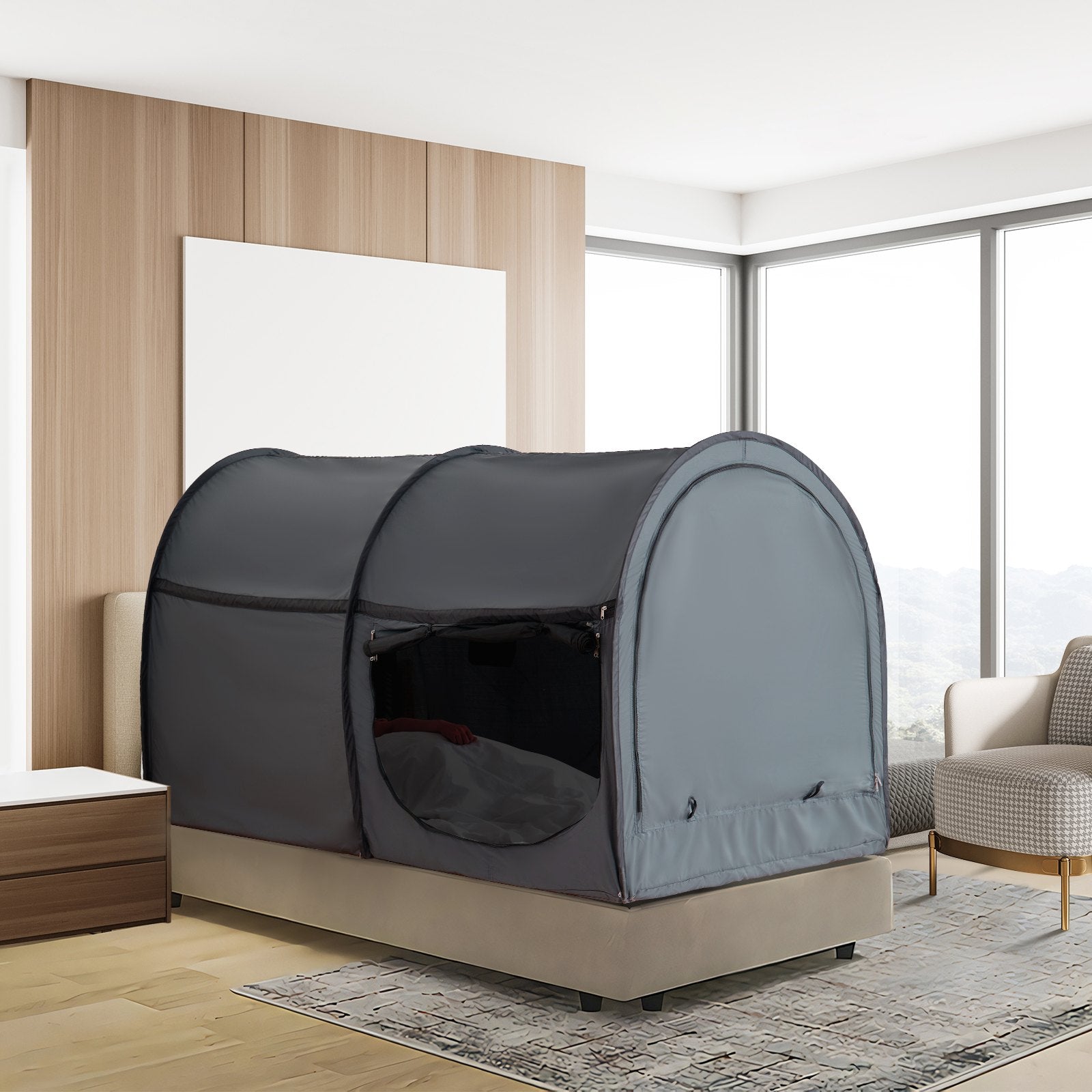 VEVOR Bed Tent, Pongee Fabric, 4 Doors Breathable Dream Tent with 7 mm Fiber Poles on Bed Privacy, Full Size Block out Light Sleeping Bed Canopy, Fit for Kids Playhouse and Adults Sleeping Tent