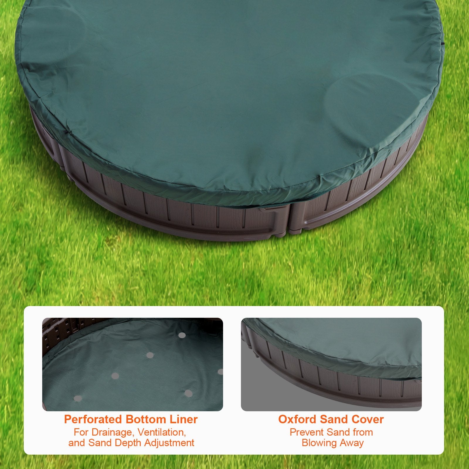 VEVOR Sandbox with Cover, 72 x 41.5 x 9.1 in Oval Sand Box, HDPE Sand Pit with 4 Corner Seating and Bottom Liner, Kids Sandbox for Outdoor Backyard, Beach, Park, Gift for Boys Girls Ages 3-12, Brown