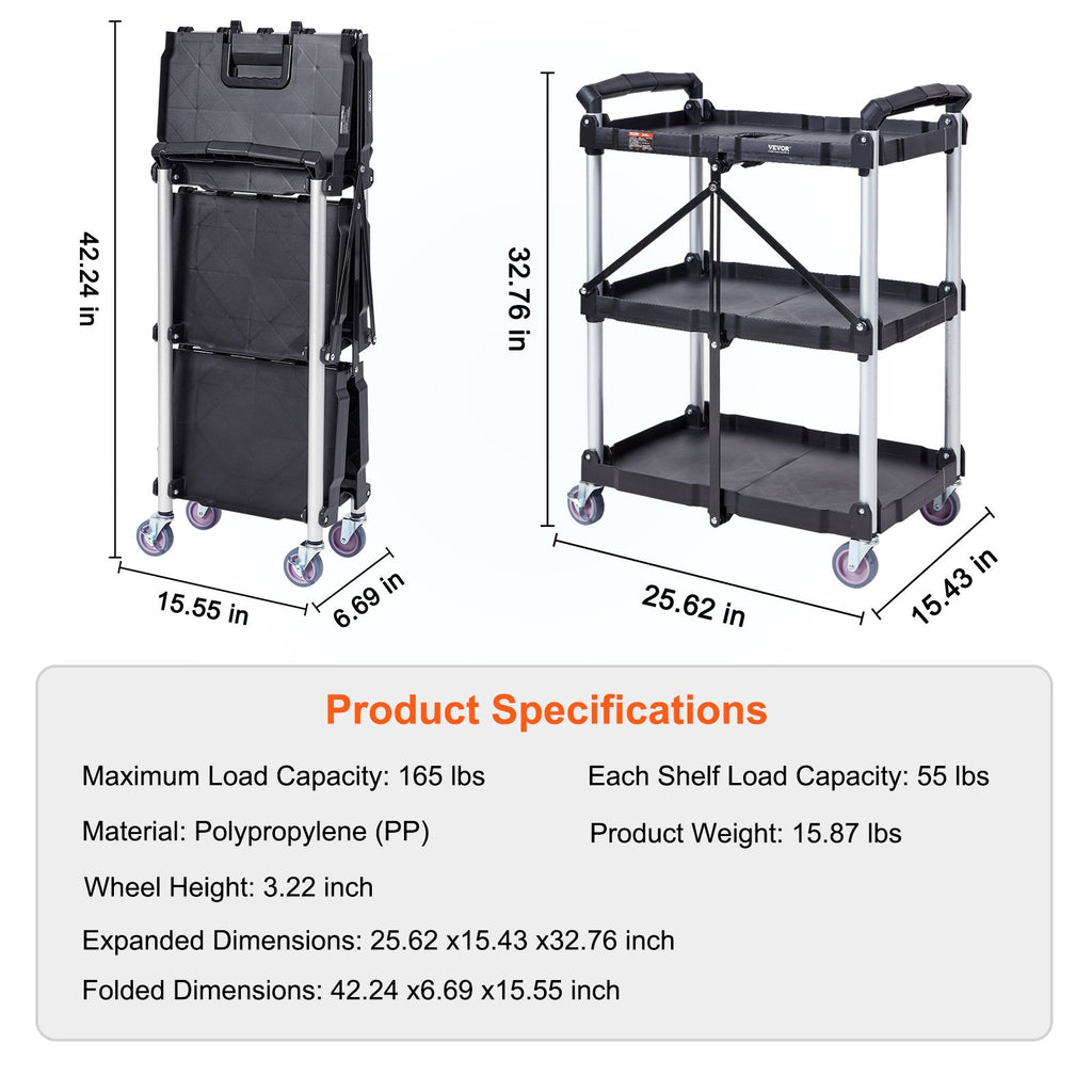 VEVOR Foldable Utility Service Cart, 3 Shelf 165LBS Heavy Duty Plastic Rolling Cart with Lockable Wheels, Ergonomic Handle, Portable Garage Tool Cart for Warehouse/Office/Home(25.62"x15.43"x32.76")