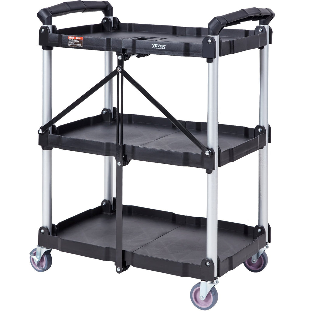 VEVOR Foldable Utility Service Cart, 3 Shelf 165LBS Heavy Duty Plastic Rolling Cart with Lockable Wheels, Ergonomic Handle, Portable Garage Tool Cart for Warehouse/Office/Home(25.62"x15.43"x32.76")