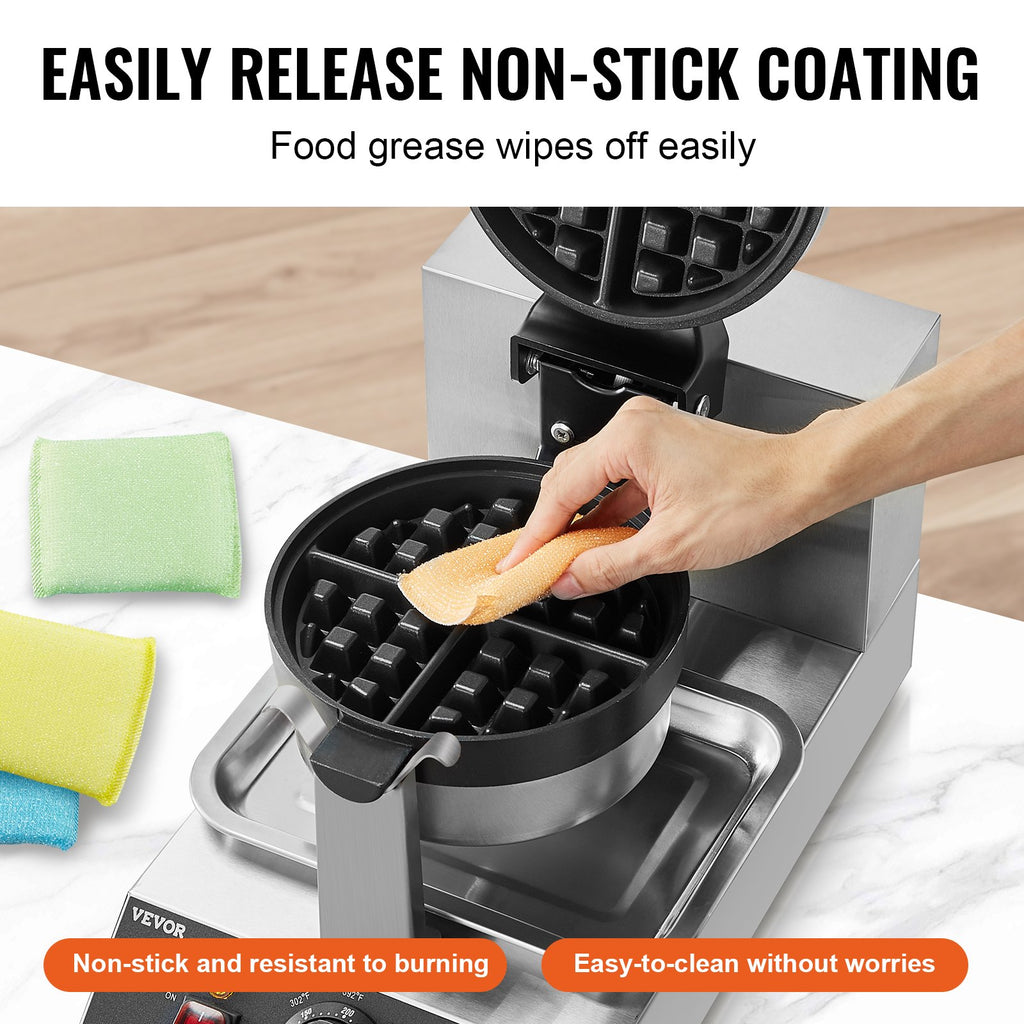 VEVOR Commercial Waffle Maker, 1300W Round Waffle Baker Machine, Non-Stick Stainless Steel Belgian Waffle Iron, Temperature and Time Control, 180° Rotatable, for Restaurant Bakery Snack Bar Family