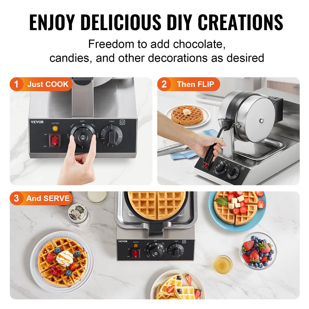 VEVOR Commercial Waffle Maker, 1300W Round Waffle Baker Machine, Non-Stick Stainless Steel Belgian Waffle Iron, Temperature and Time Control, 180° Rotatable, for Restaurant Bakery Snack Bar Family