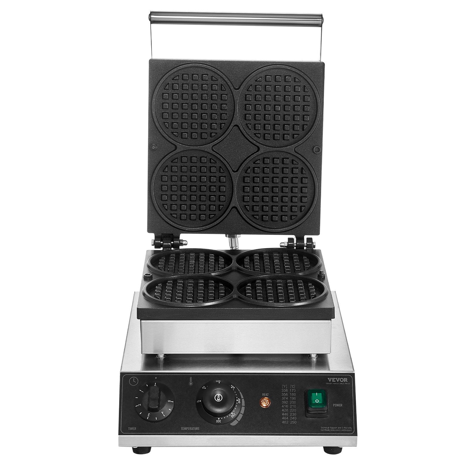 VEVOR Commercial Waffle Maker, 4PCS Round Waffle Baker Machine,1750W Non-Stick Stainless Steel Belgian Waffle Iron with Temperature and Time Control, for Restaurant Bakery Snack Bar Family
