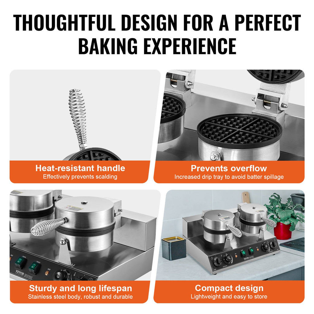 VEVOR Commercial Waffle Maker, Dual-Head Round Waffle Baker Machine, 2460W Non-Stick Stainless Steel Belgian Waffle Iron with Temp and Time Control, Handle, for Restaurant Bakery Snack Bar Family