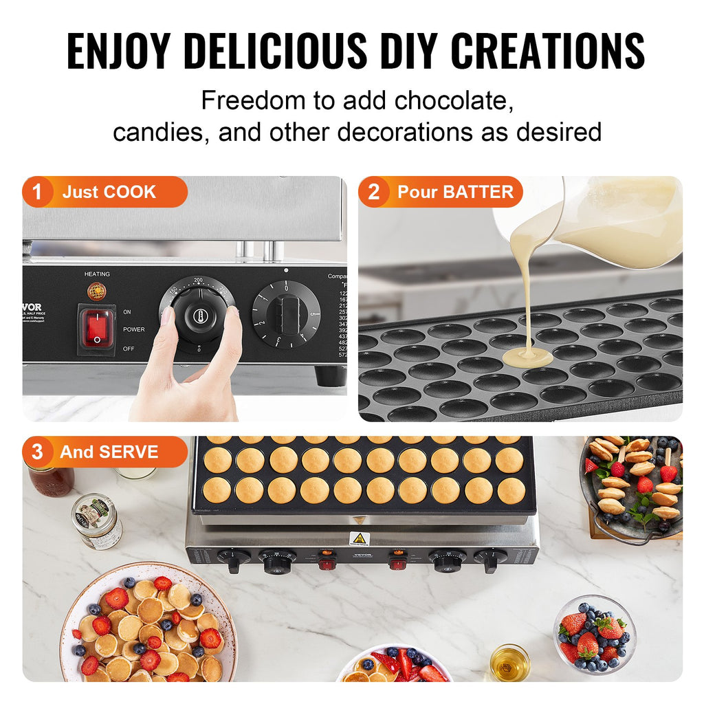 VEVOR Mini Dutch Pancake Maker, 50PCS 43mm Diameter Dorayaki Baker Machine, 1700W Commercial Electric Poffertjes Grill, Non-stick Stainless Steel, Dual Temp & Time Control, for Home Kitchen Restaurant