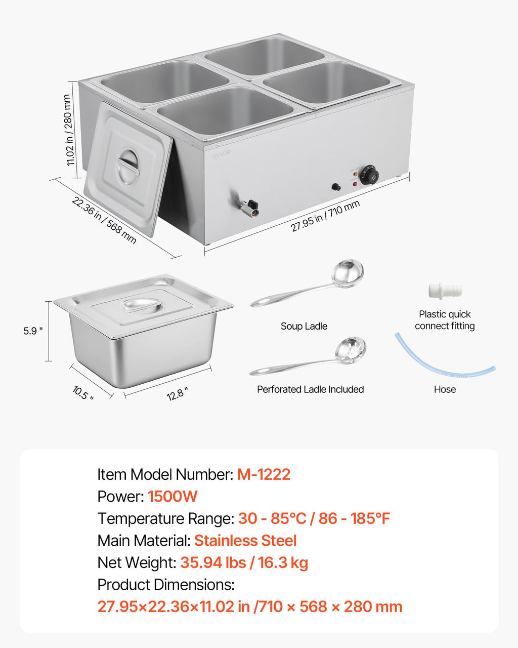 VEVOR Commercial Food Warmer, 1500W Electric Stainless Steel Steam Food Warmer with Lid, 4-Pan Fast Heating Countertop Buffet Bain Marie with Soup & Perforated Ladles, for Catering, Restaurant, Party