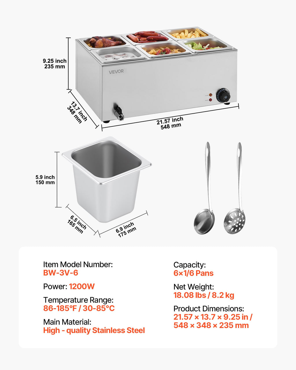 VEVOR Commercial Food Warmer, 6-Pan Electric Steam Table, 1200W Professional Countertop Stainless Steel Buffet Bain Marie with 30-85°C Temp Control for Catering, Buffet, Parties, Restaurants