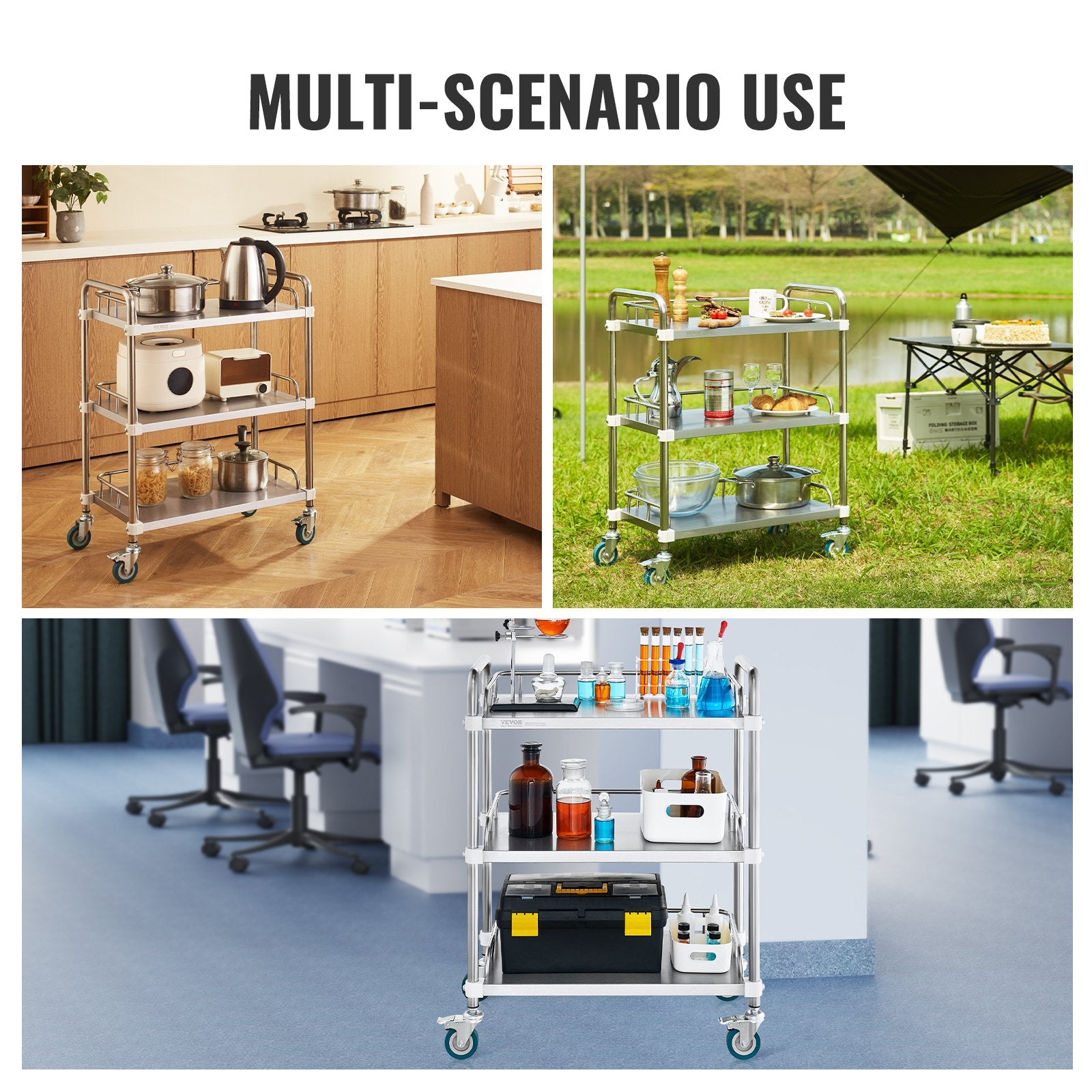 VEVOR Lab Rolling Cart, 3-Shelf Stainless Steel Rolling Cart, Lab Serving Cart with Swivel Casters, Dental Utility Cart for Clinic, Lab,  Hospital, Salon, 26.38"x15.55"x34.13"