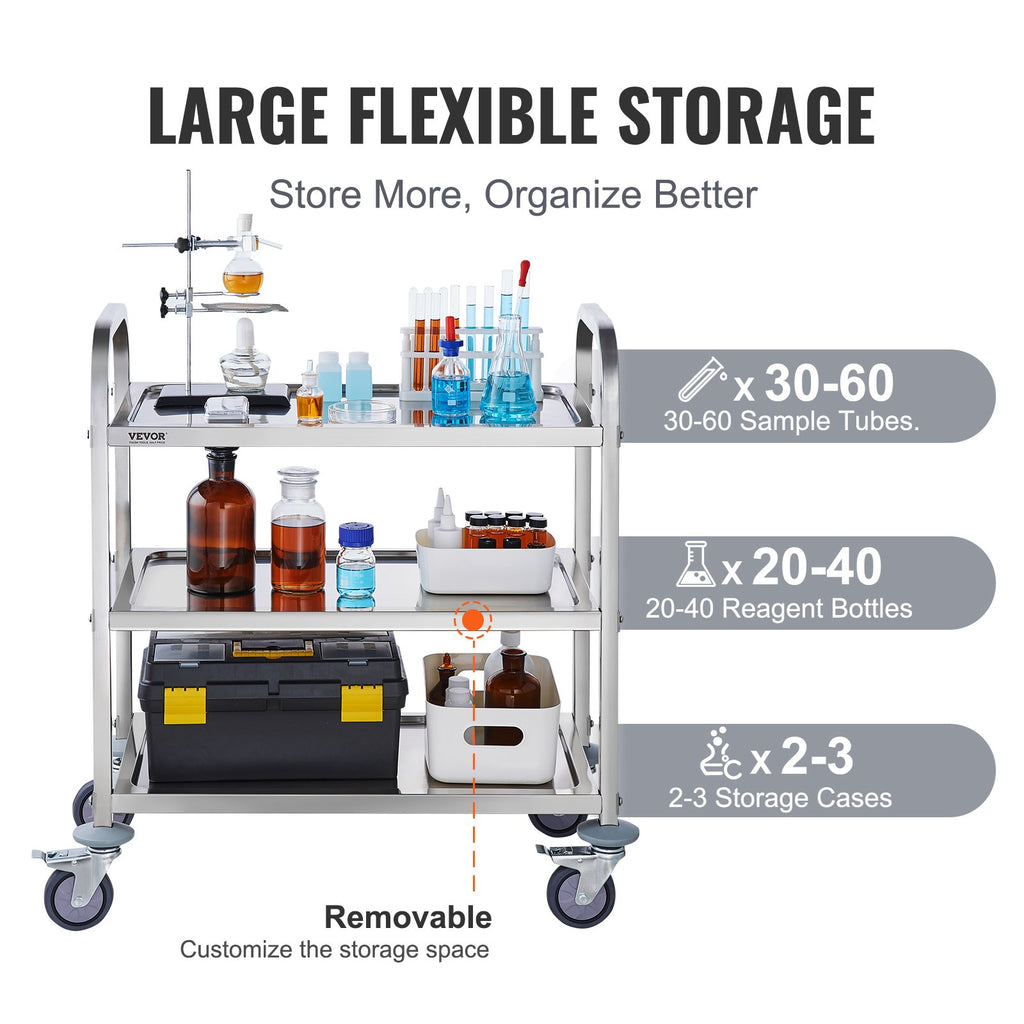 VEVOR Stainless Steel Cart, 3 Layers Lab Utility Cart 181 kg Weight Capacity, Medical Cart with Lockable Universal Wheels, for Lab, Clinic, Kitchen, Salon