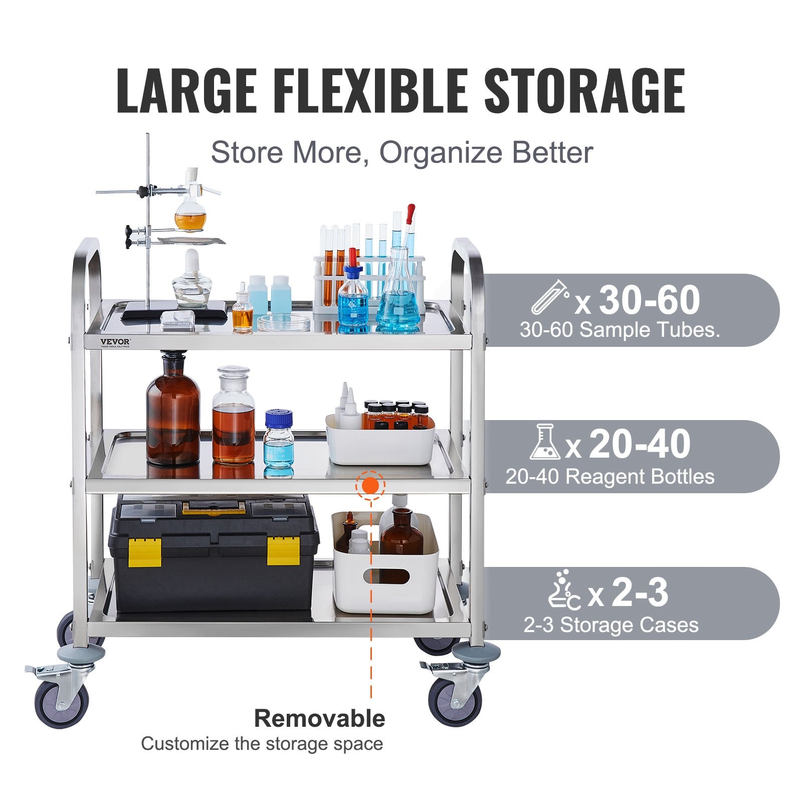 VEVOR Stainless Steel Cart, 3 Layers Lab Utility Cart 181 kg Weight Capacity, Medical Cart with Lockable Universal Wheels, for Lab, Clinic, Kitchen, Salon