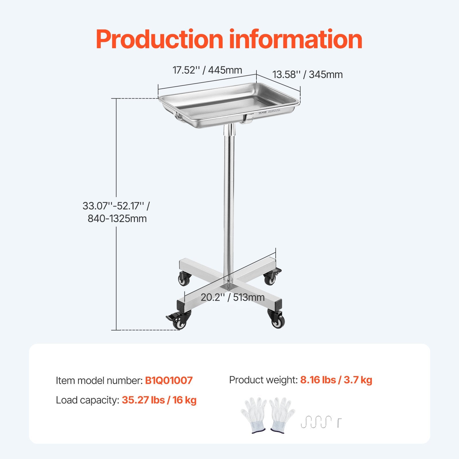 VEVOR Mayo Stand, Stainless Steel Mayo Tray, Load Capacity up to 35 lbs, Adjustable Height 25.2"-39.8", Medical Tray on Wheels with Removable Tray for Spa, Salon, Clinic, Personal Care