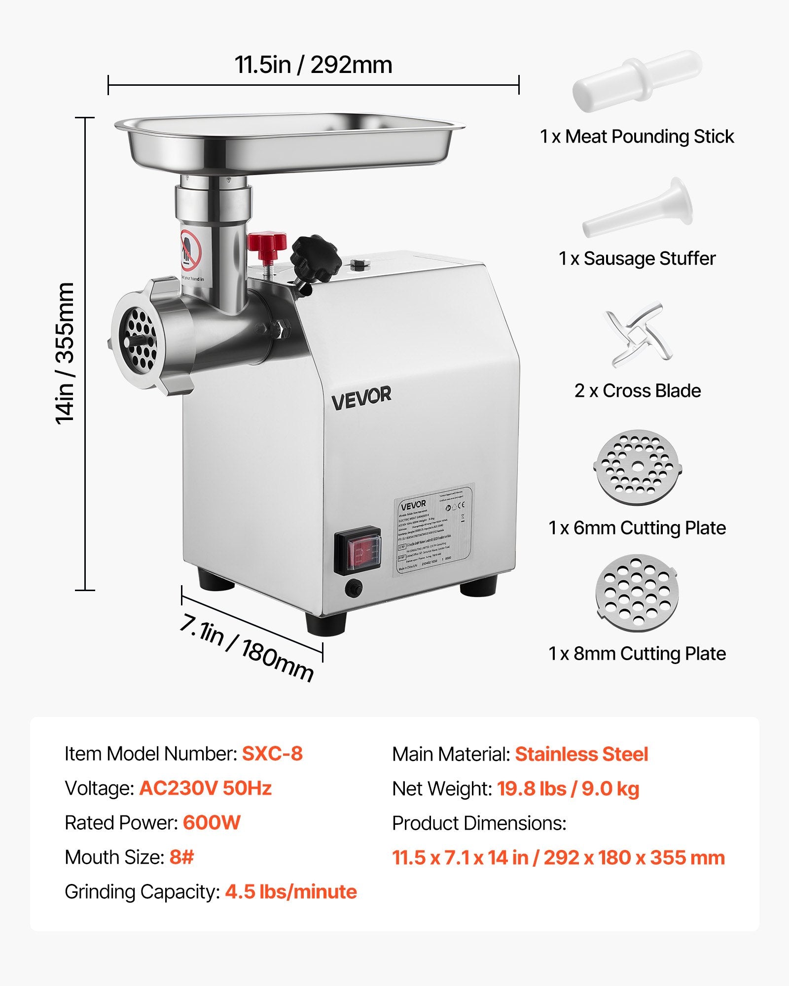 VEVOR Commercial Electric Meat Grinder 4.5 Lbs/Min Sausage Stuffer Maker Kitchen