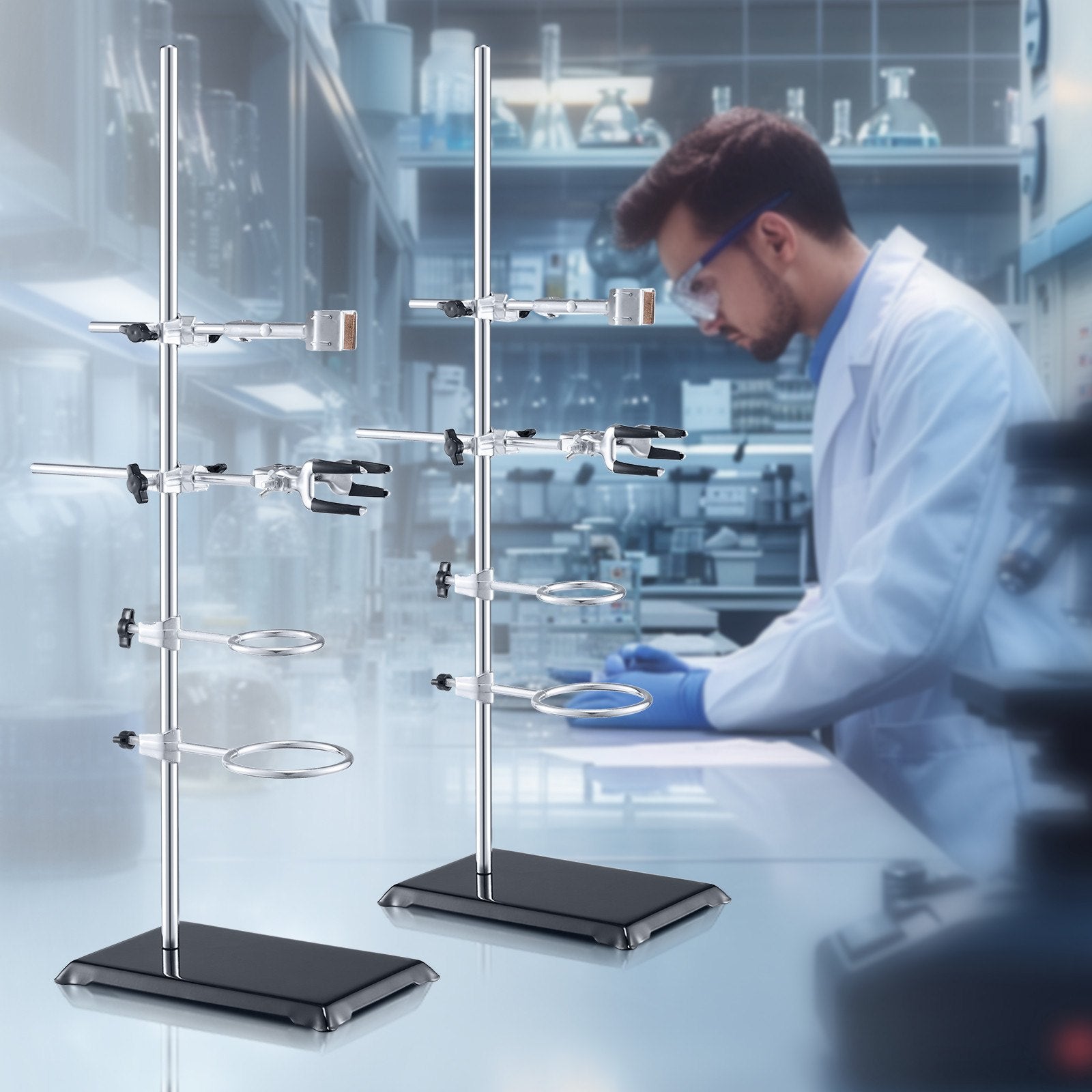 VEVOR Lab Stand Support, Laboratory Retort Support Stand 2 Sets, Steel Lab Stand 23.6" Rod and 8.3" x 5.3" Cast Iron Base, Includes Flask Clamps, Burette Clamps and Cross Clamps