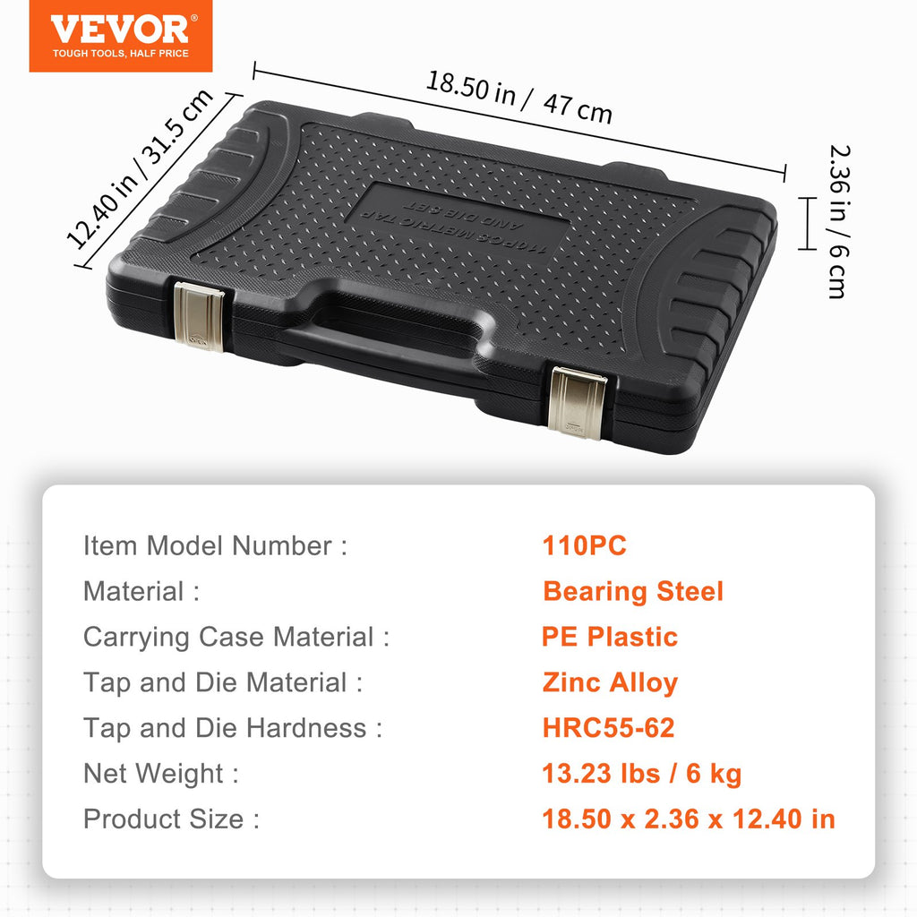 VEVOR Tap and Die Set 110Pcs Metric Size M2 to M18 Bearing Steel Threading Tool