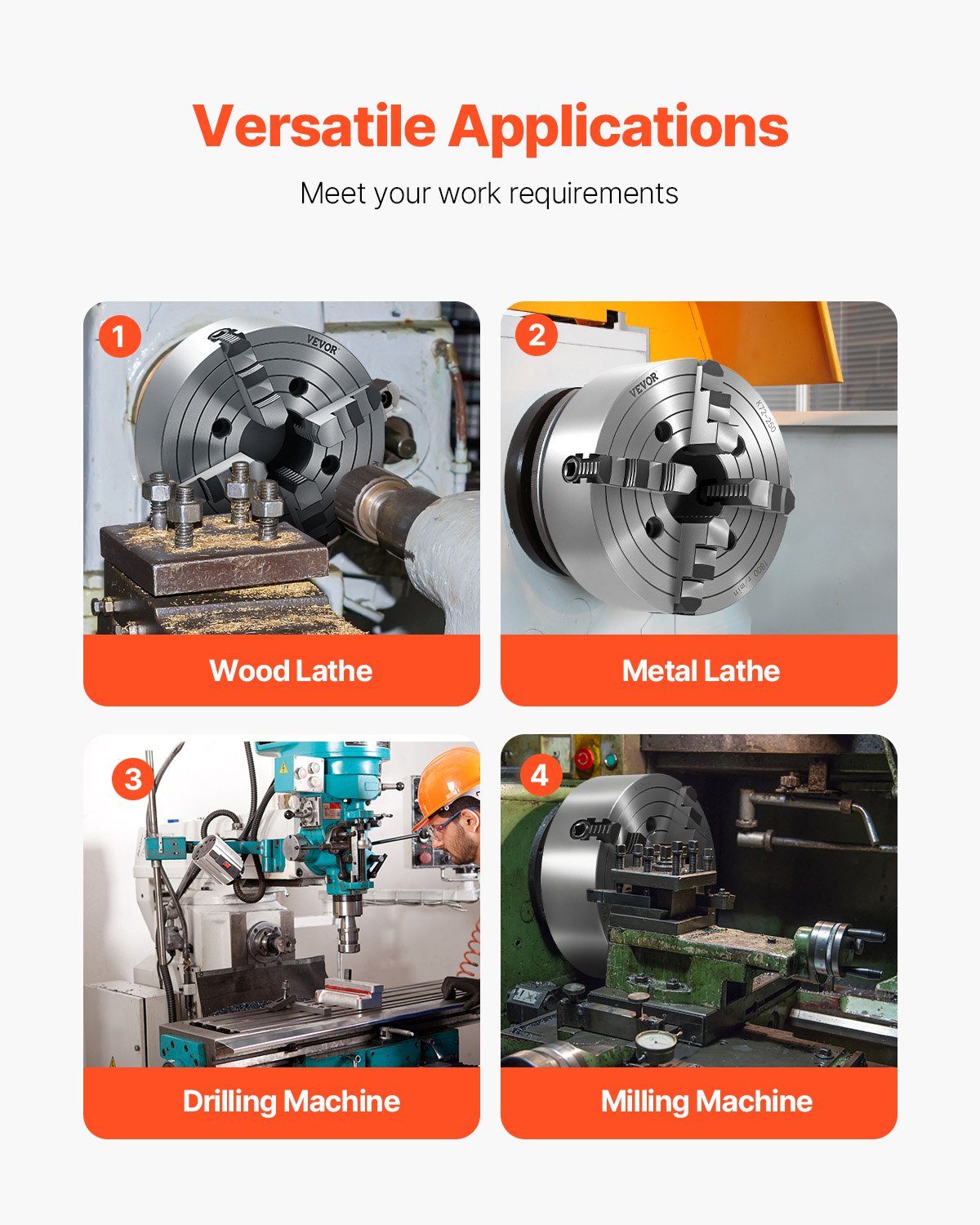 VEVOR 4-Jaw Lathe Chuck, 10 in (250 mm), Lathe Chuck, 0.6-9.84 in (15-250 mm) Clamping Range with T-key Fixing Screws Reversible Jaws, HT300 Cast Iron Material, Internal External for Wood Metal Lathe