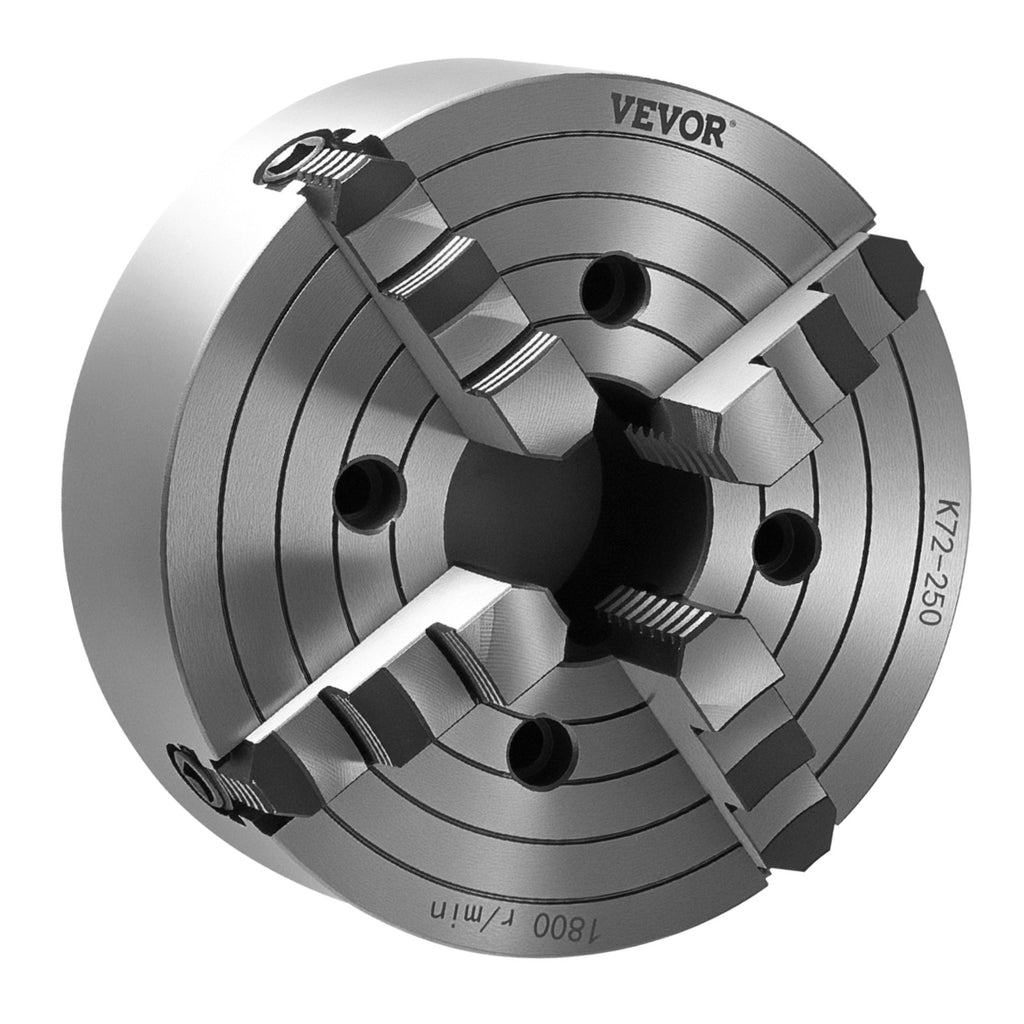VEVOR 4-Jaw Lathe Chuck, 10 in (250 mm), Lathe Chuck, 0.6-9.84 in (15-250 mm) Clamping Range with T-key Fixing Screws Reversible Jaws, HT300 Cast Iron Material, Internal External for Wood Metal Lathe