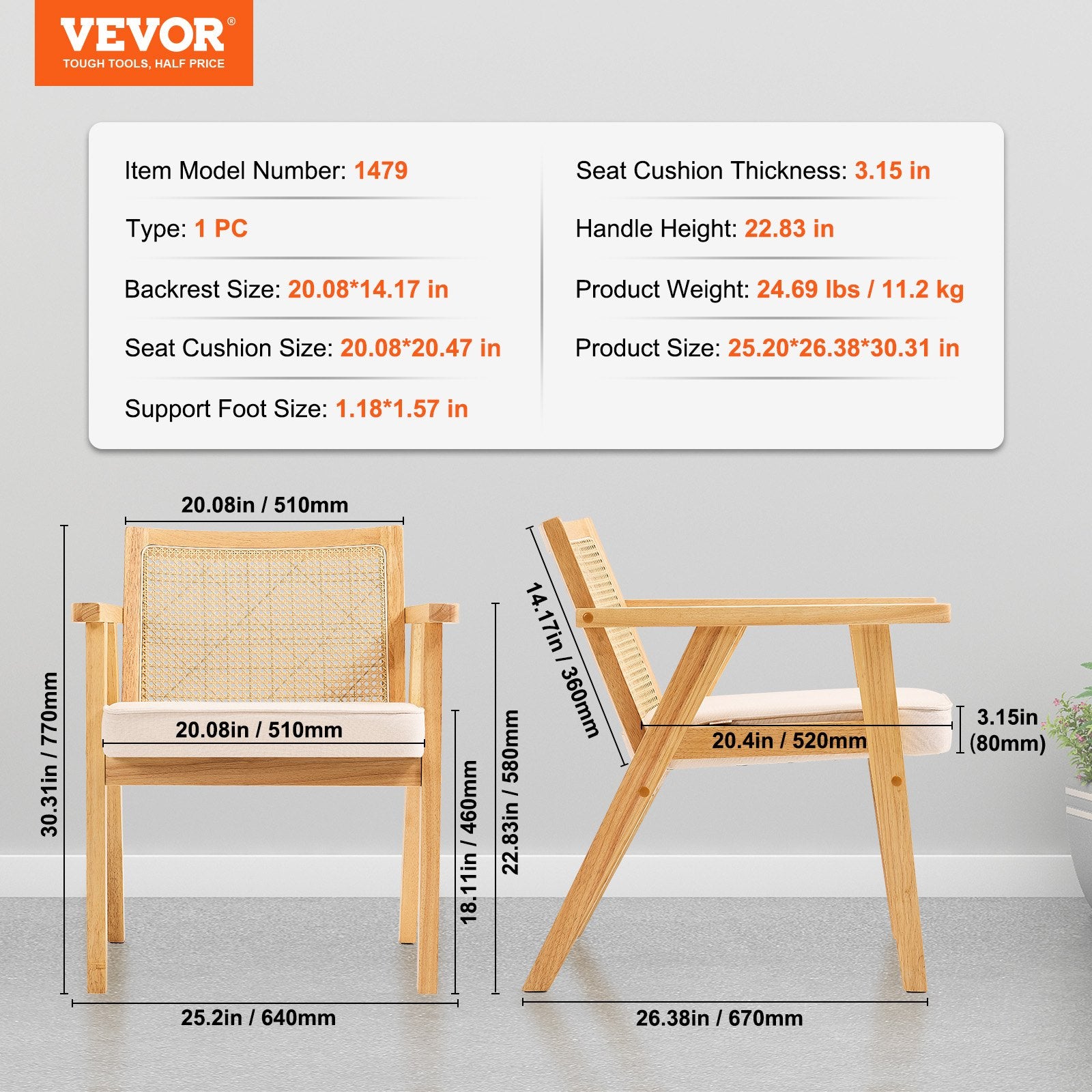 VEVOR Rattan Chair, Mid Century Modern Dining Chair with Armrest, Upholstered Chair with Rattan Back, Retro Rattan Dining Room Kitchen Chair for Living Room, Bedroom, Reading Room, and Office, Beige