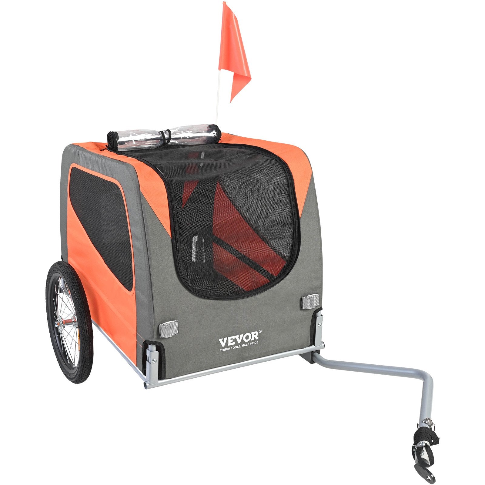VEVOR Dog Bike Trailer, Supports up to 30 kg, Pet Cart Bicycle Carrier, Easy Folding Frame with Quick Release Wheels, Universal Bicycle Coupler, Reflectors, Flag, Collapsible to Store, Orange/Gray