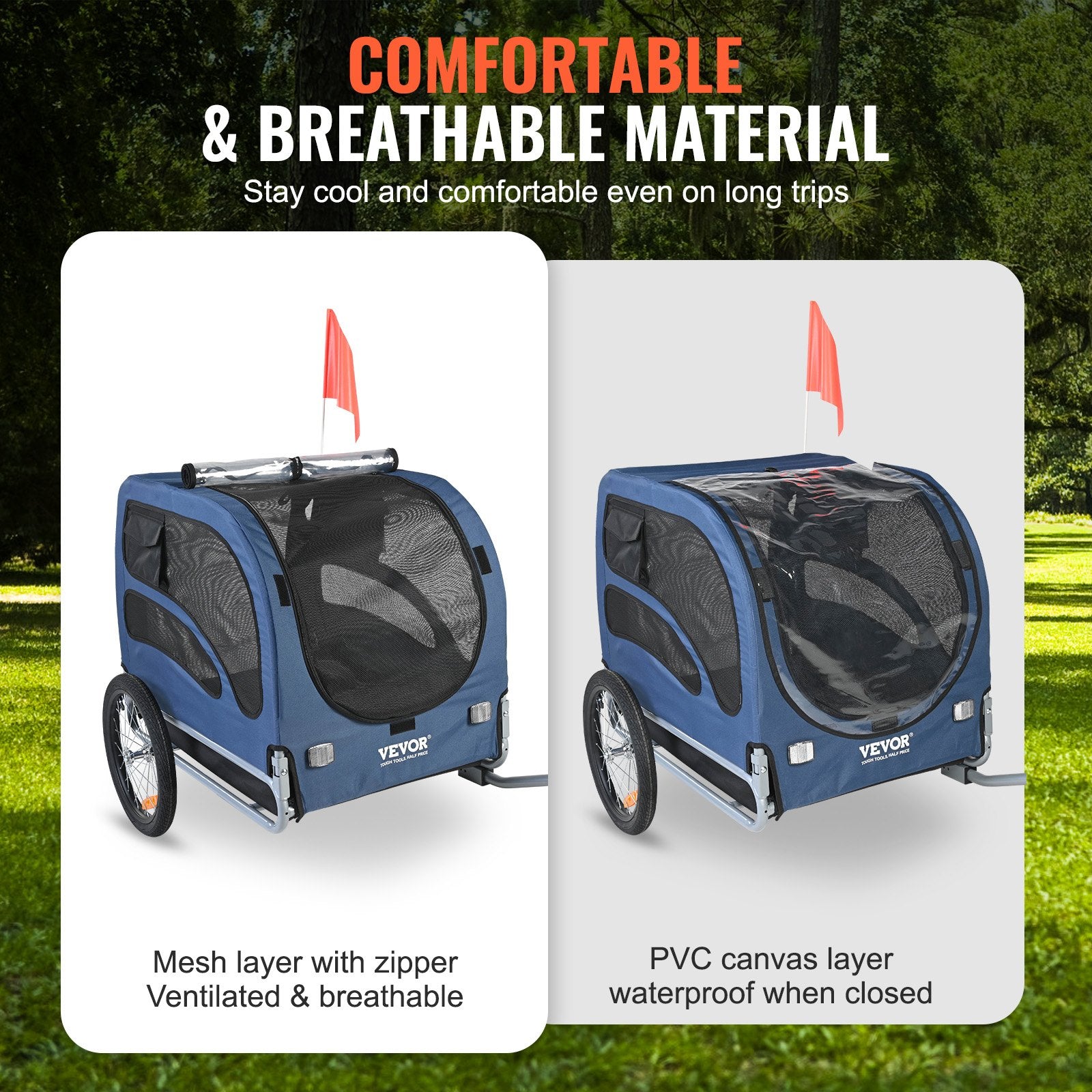 VEVOR Dog Bike Trailer, Supports up to 45 kg, Pet Cart Bicycle Carrier, Easy Folding Frame with Quick Release Wheels, Universal Bicycle Coupler, Reflectors, Flag, Collapsible to Store, Blue/Black