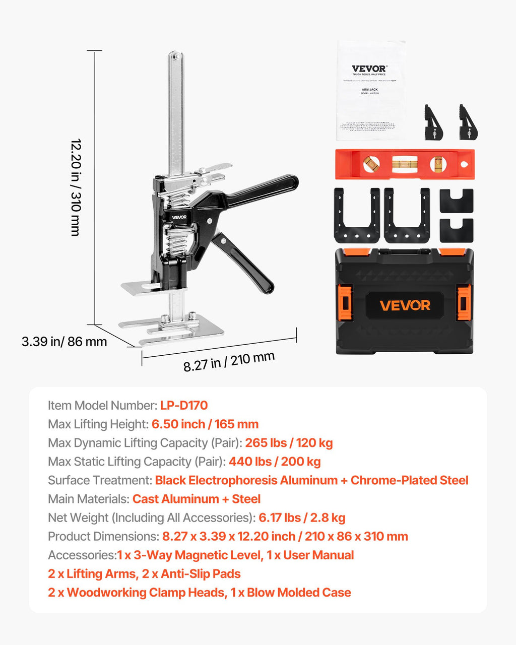 VEVOR Labor Saving Arm Jack, 2 PCS 200 kg Bearing Capacity, Lifting up to 165 mm, Metal Hand Lifting Jack Tool with Magnetic Level, 2 Adjustment Modes, for Door, Window, Furniture, Woodworking, Black
