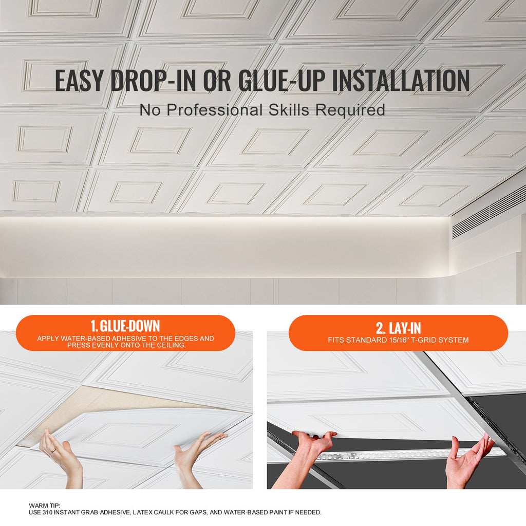 VEVOR Ceiling Tiles 12-Pack 24 x 24 in PVC Easy Installation White Geometric