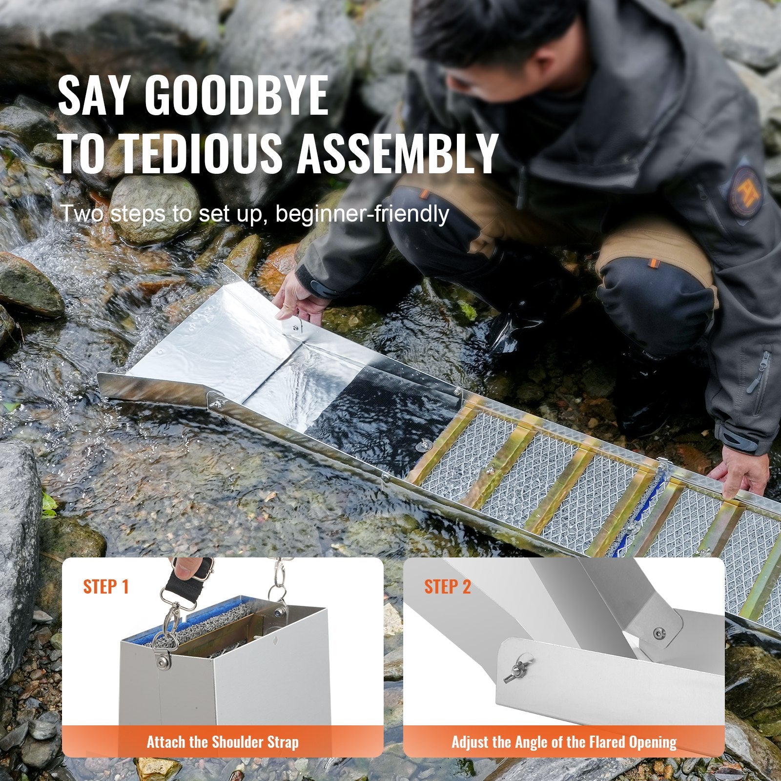 VEVOR Gold Panning Kit With Sluice Box, 50" Aluminum Gold Mining Equipment, 23 PCS Gold Prospecting Kit with Gold Pan, Classifier Screen, Separating Magnet, Drawstring Backpack and Accessories