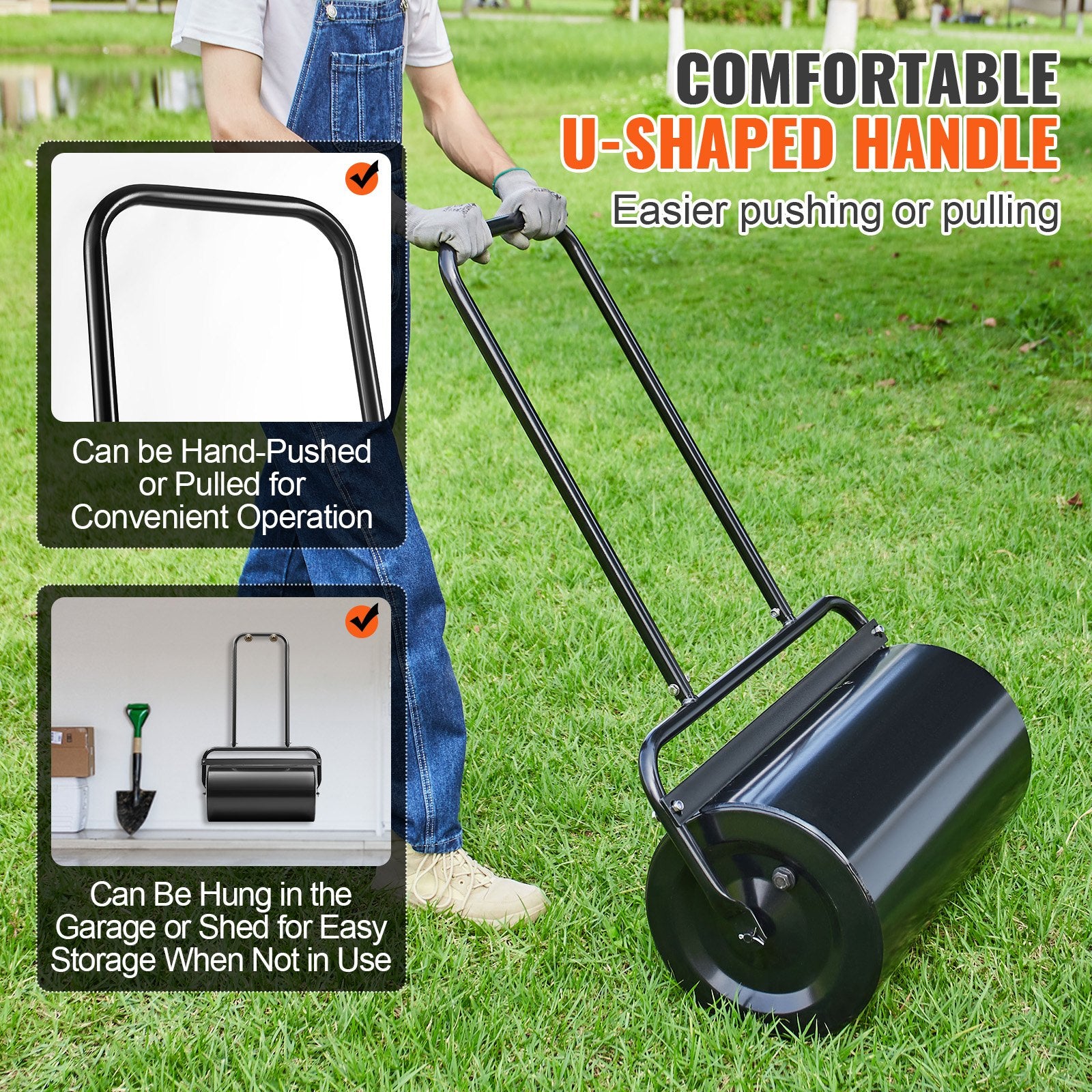 VEVOR Lawn Roller, 13 Gallon 24Inch Sand/Water Filled Yard Roller, Steel Sod Roller with Easy-turn Plug and U-Shaped Ergonomic Handle for Convenient Push and Pull, for Lawn, Garden, Farm, Park, Black
