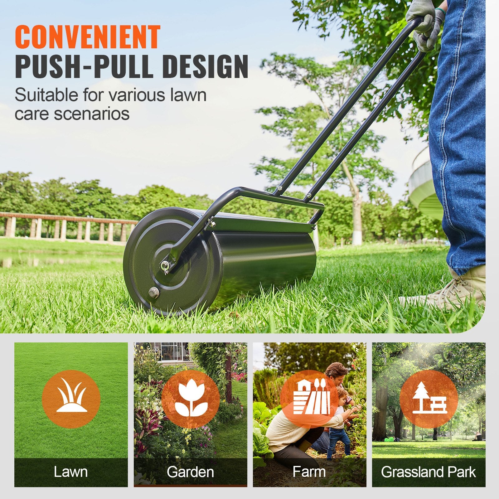 VEVOR Lawn Roller, 17 Gallon 36 Inch Sand/Water Filled Yard Roller, Steel Sod Roller with Easy-turn Plug and U-Shaped Ergonomic Handle for Convenient Push and Pull, for Lawn, Garden, Farm, Park, Black