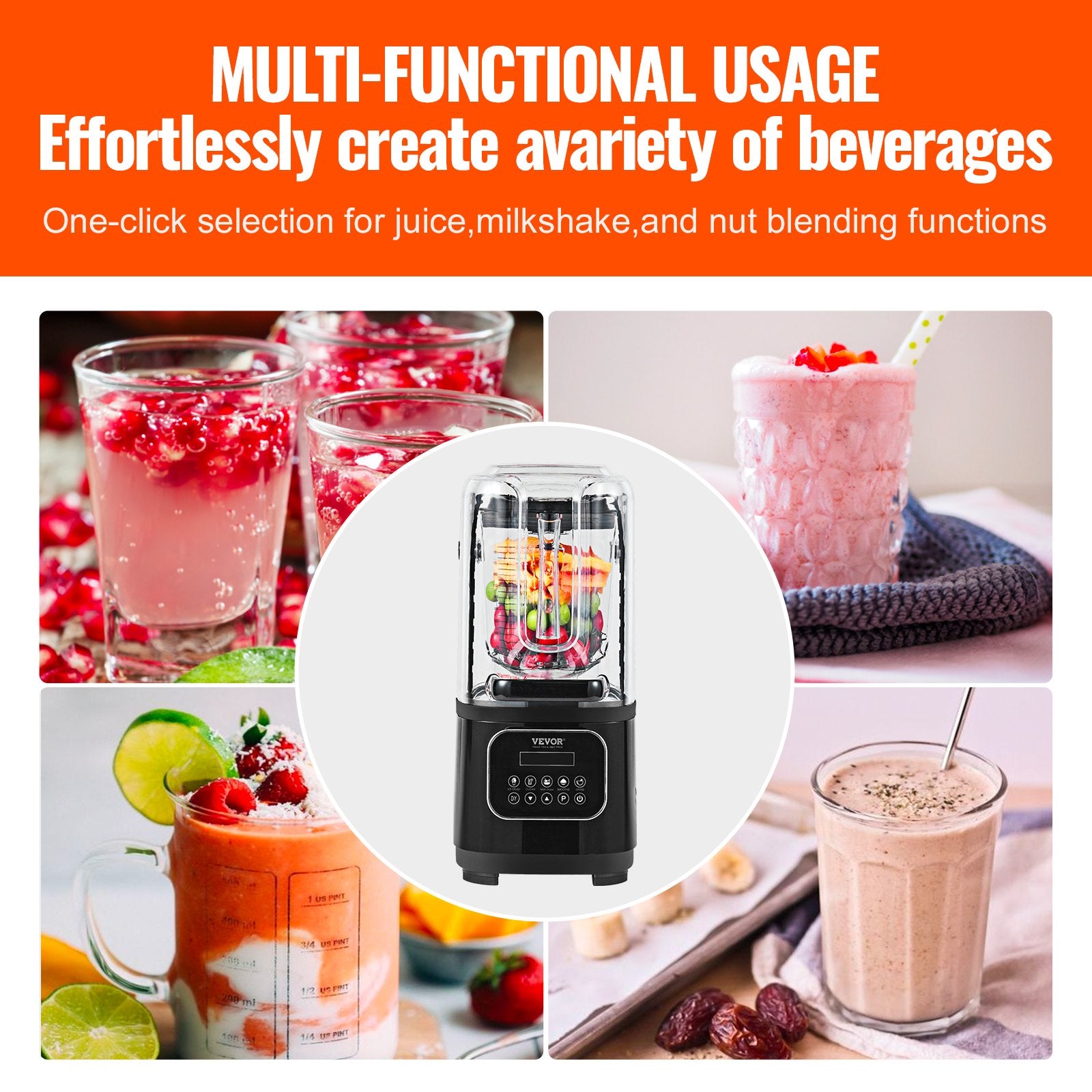 VEVOR Professional Blender with Shield, Commercial Countertop Blenders, 2L Jar Blender Combo, Stainless Steel 9 Speed & 5 Functions Blender, for Shakes, Smoothies, Peree, and Crush Ice, Black