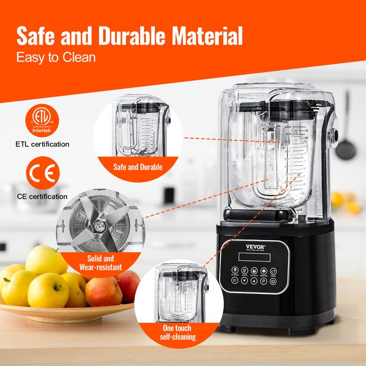 VEVOR Professional Blender with Shield, Commercial Countertop Blenders, 2L Jar Blender Combo, Stainless Steel 9 Speed & 5 Functions Blender, for Shakes, Smoothies, Peree, and Crush Ice, Black